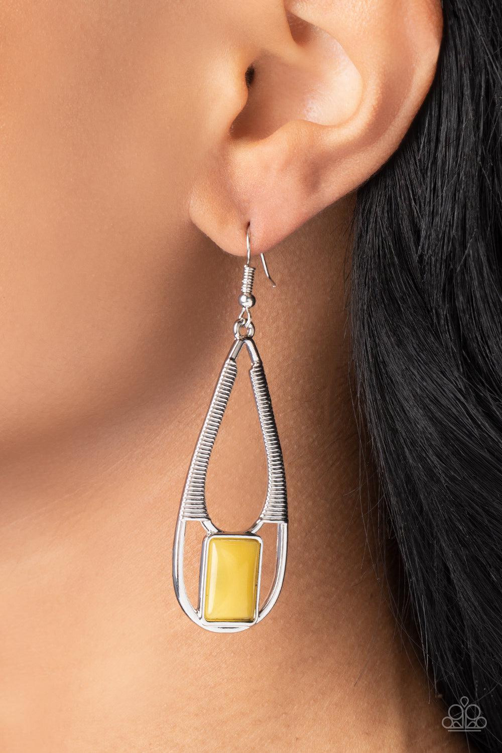 Adventure Story Yellow Earrings - Paparazzi Accessories-on model - CarasShop.com - $5 Jewelry by Cara Jewels