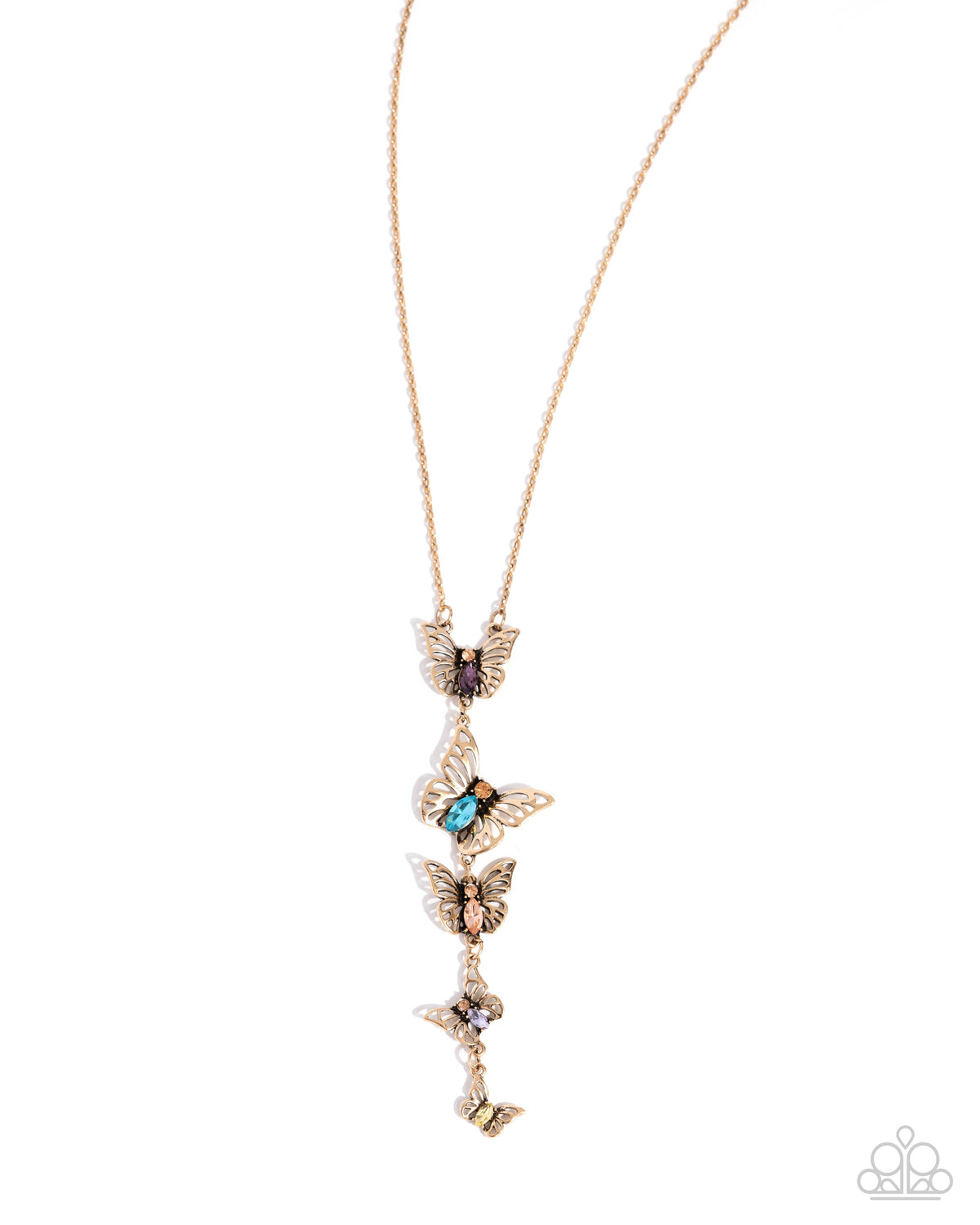 Aerial Addition Multi Rhinestone &amp; Gold Butterfly Necklace - Paparazzi Accessories- lightbox - CarasShop.com - $5 Jewelry by Cara Jewels