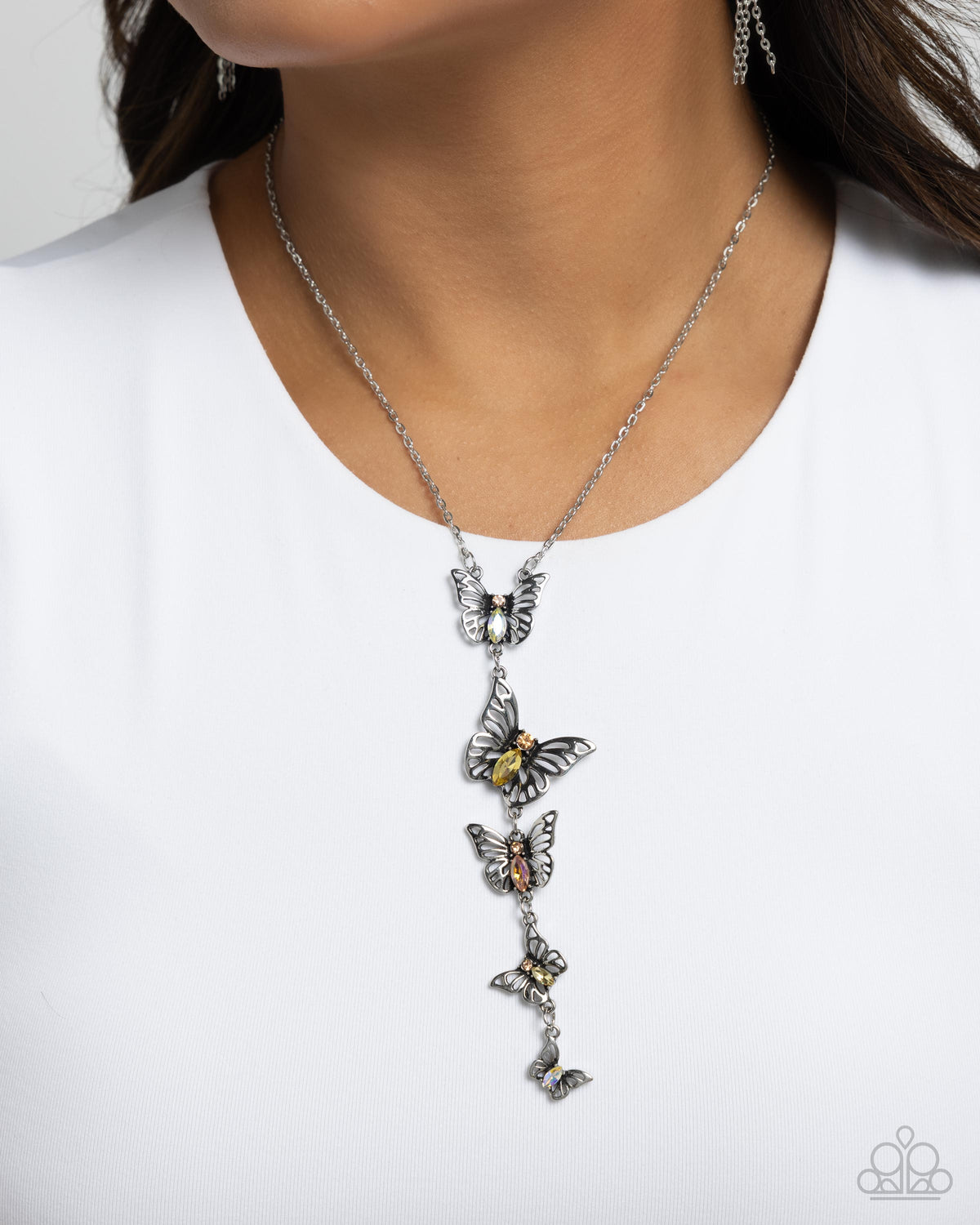 Aerial Addition Yellow Rhinestone Butterfly Necklace - Paparazzi Accessories-on model - CarasShop.com - $5 Jewelry by Cara Jewels