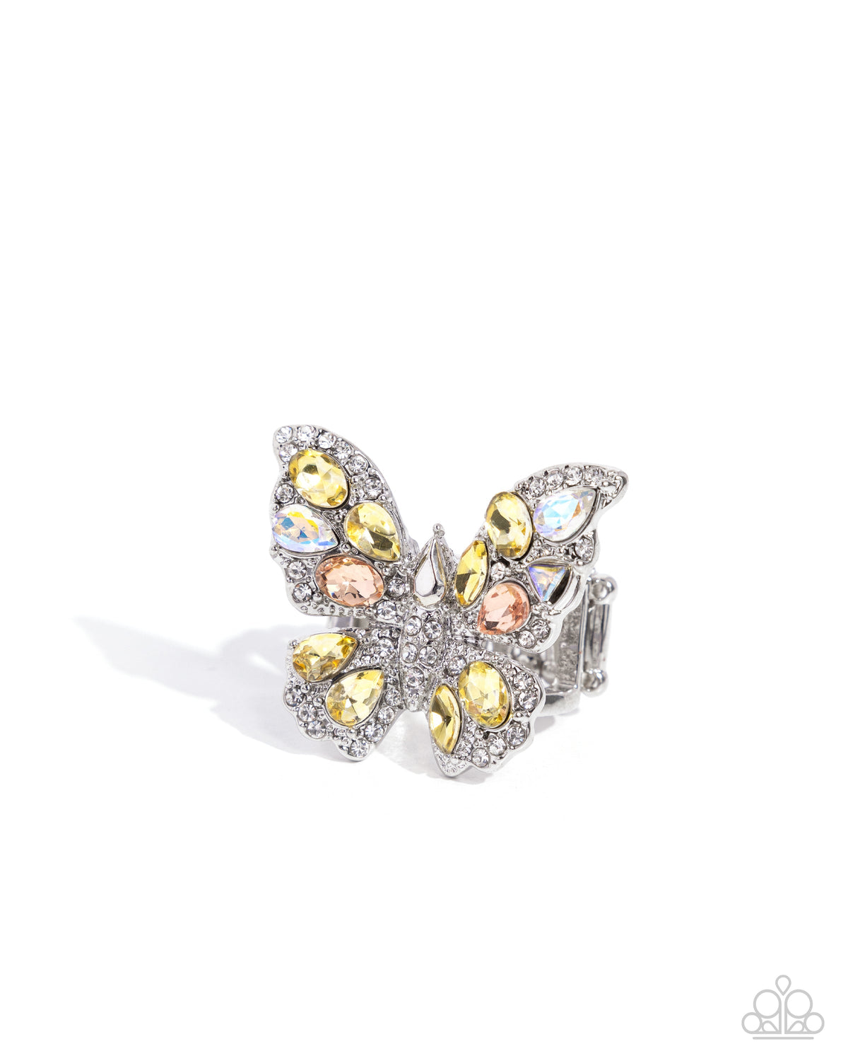 Aerial Admittance Yellow &amp; Peach Rhinestone Butterfly Ring - Paparazzi Accessories- lightbox - CarasShop.com - $5 Jewelry by Cara Jewels