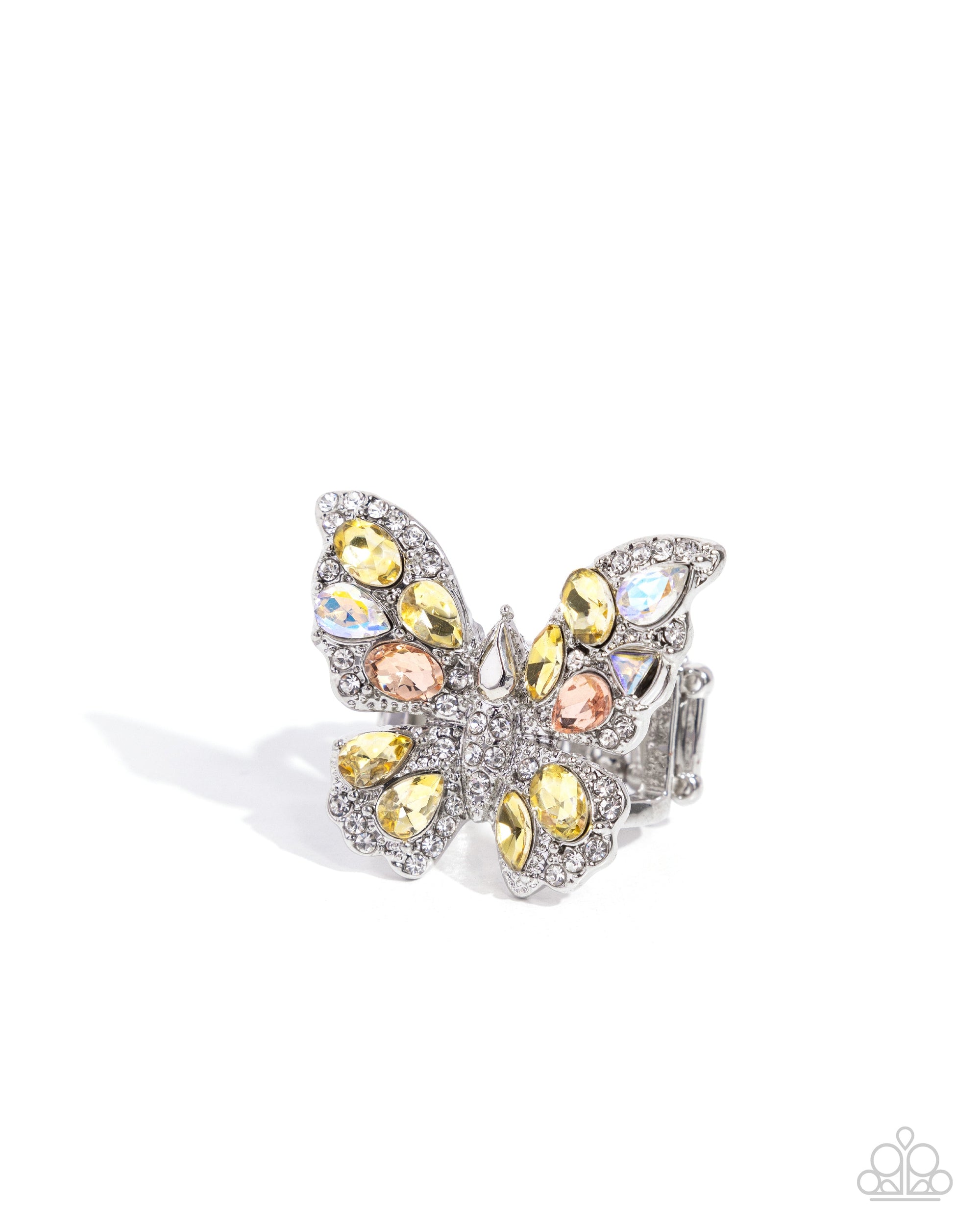 Aerial Admittance Yellow & Peach Rhinestone Butterfly Ring - Paparazzi Accessories- lightbox - CarasShop.com - $5 Jewelry by Cara Jewels