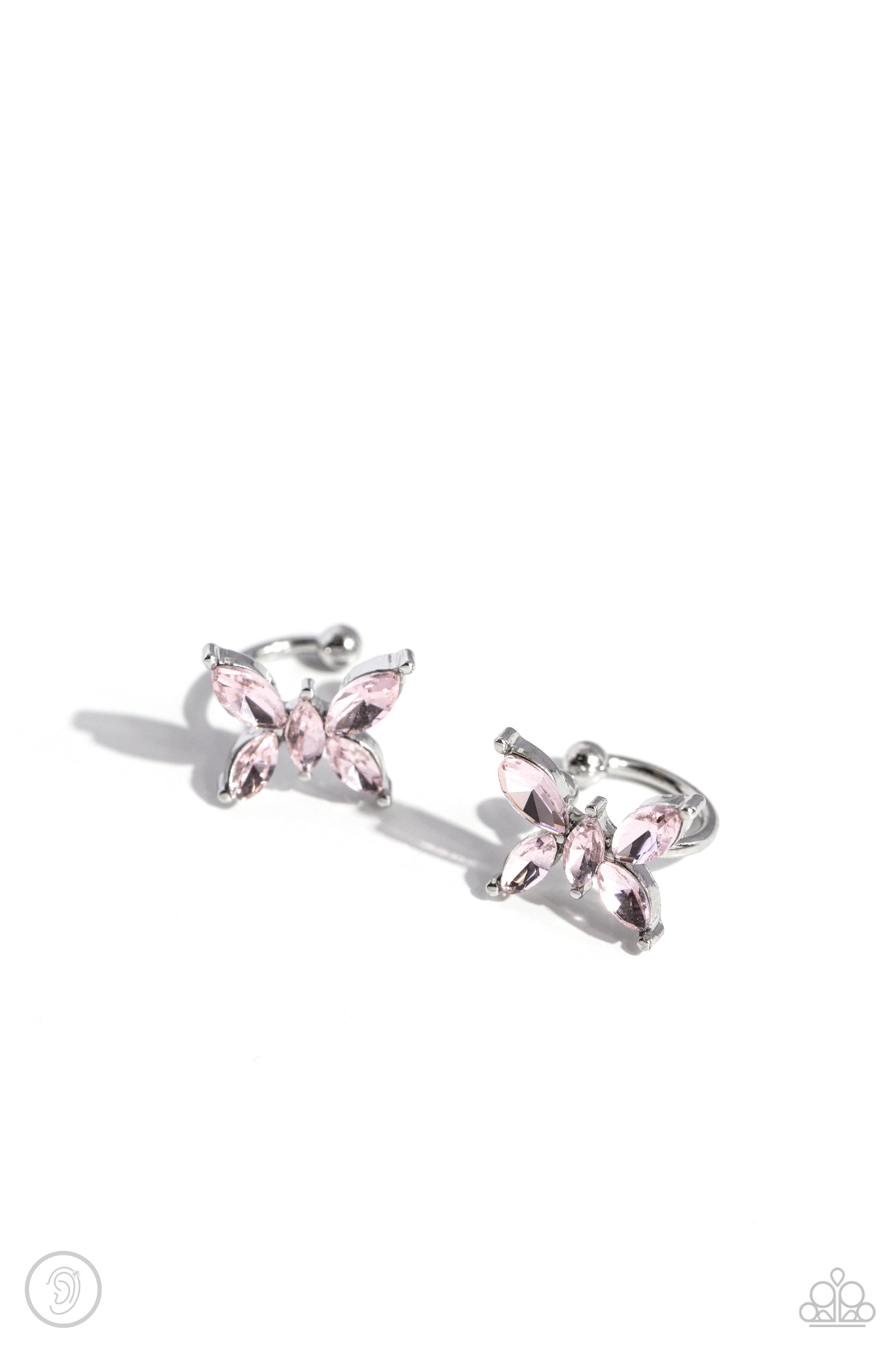 Aerial Advancement Pink Rhinestone Butterfly Cuff Earrings - Paparazzi Accessories- lightbox - CarasShop.com - $5 Jewelry by Cara Jewels