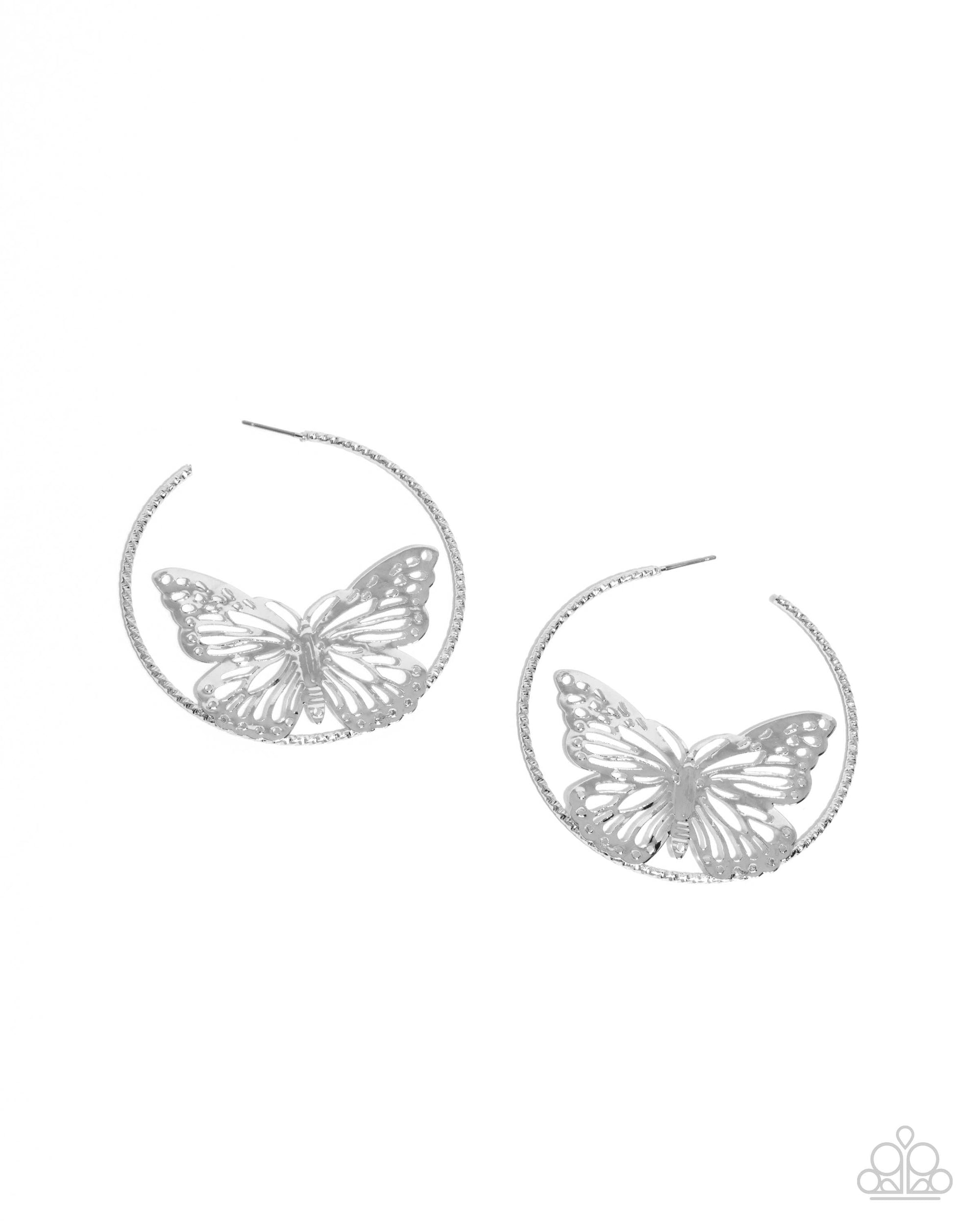 Aerial Alias Silver Butterfly Hoop Earrings - Paparazzi Accessories- lightbox - CarasShop.com - $5 Jewelry by Cara Jewels