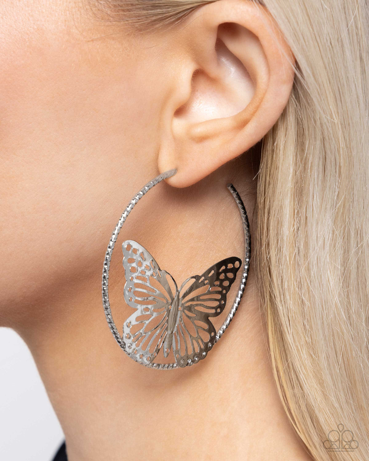 Aerial Alias Silver Butterfly Hoop Earrings - Paparazzi Accessories-on model - CarasShop.com - $5 Jewelry by Cara Jewels