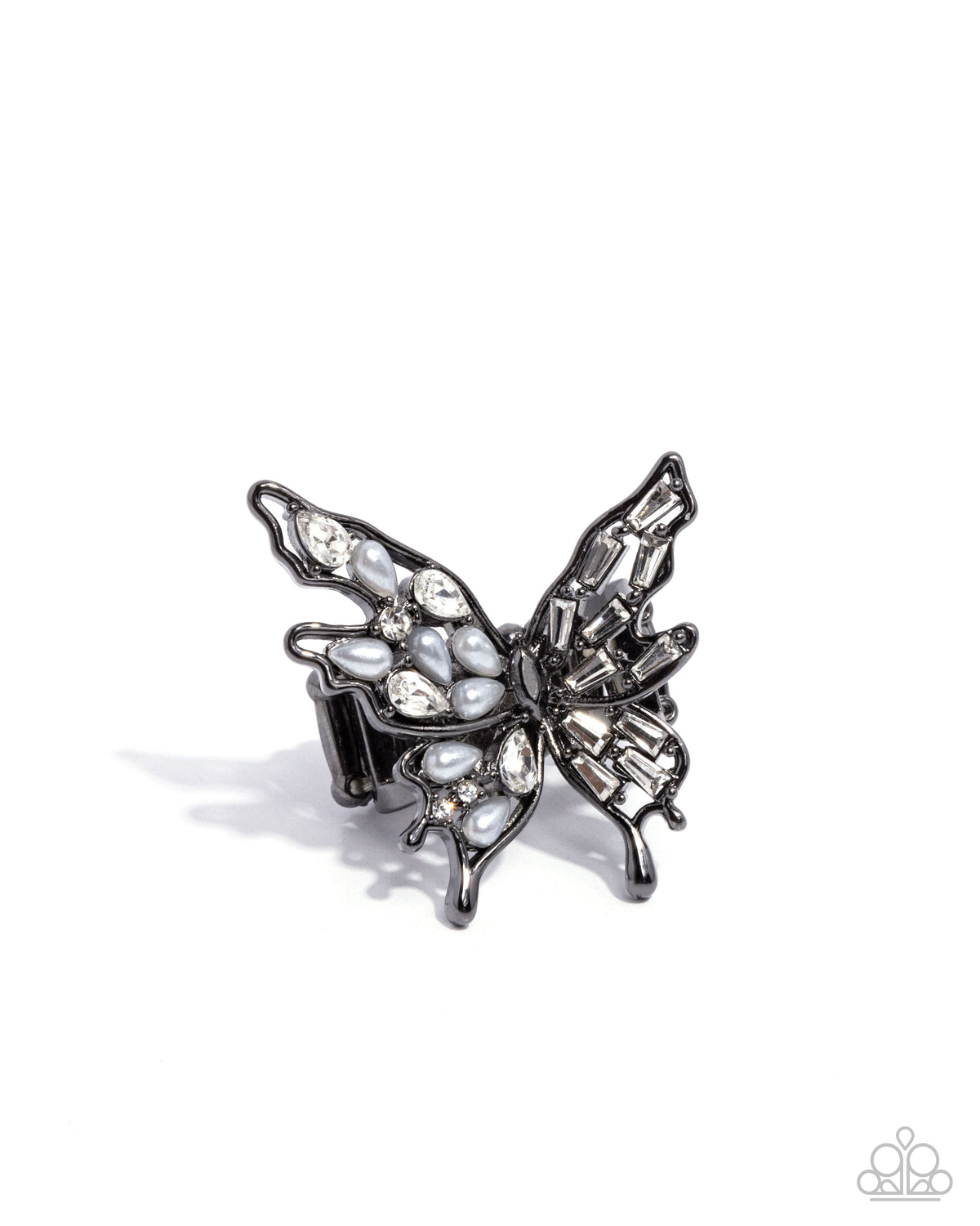 Aerial Allure Gunmetal Black &amp; White Pearl &amp; Rhinestone Butterfly Ring - Paparazzi Accessories-lightbox - CarasShop.com - $5 Jewelry by Cara Jewels