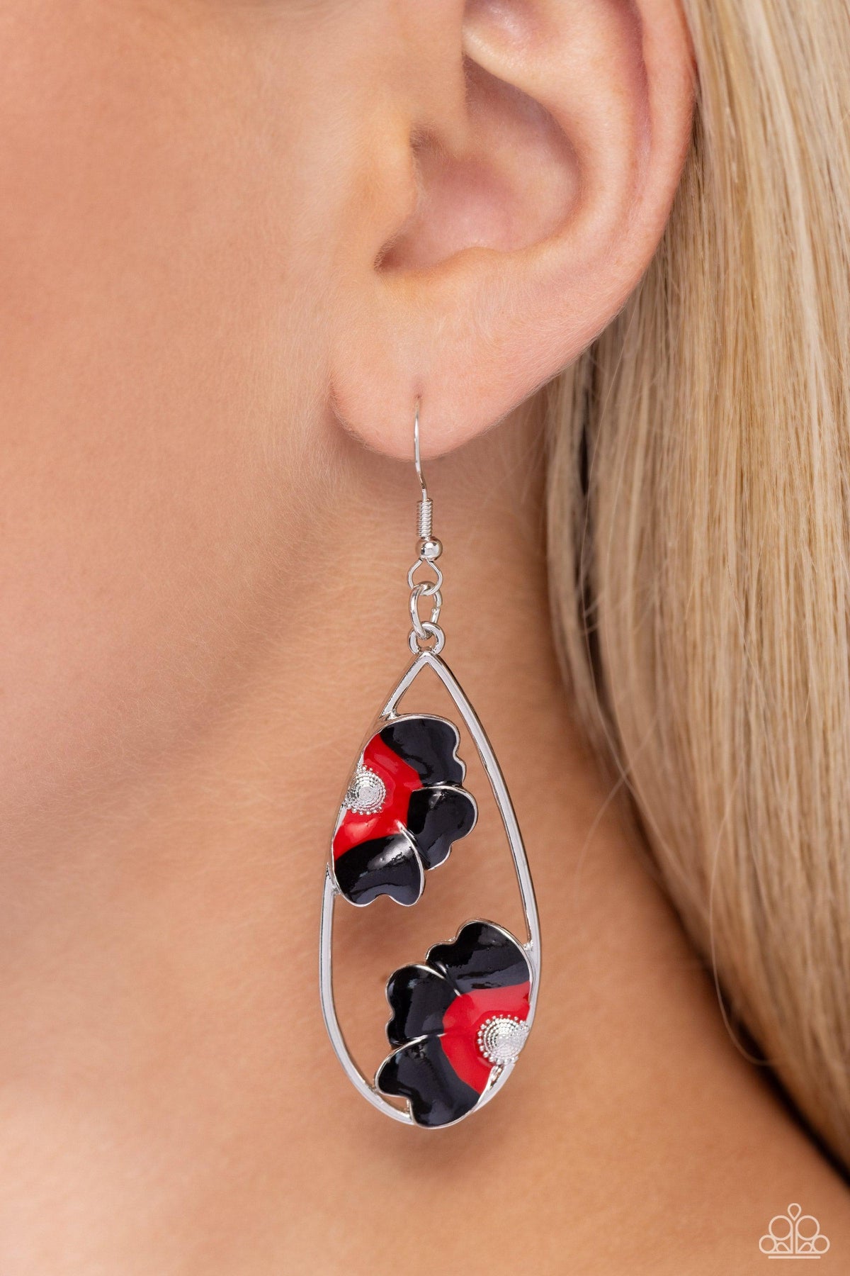 Airily Abloom Black &amp; Red Flower Earrings - Paparazzi Accessories-on model - CarasShop.com - $5 Jewelry by Cara Jewels