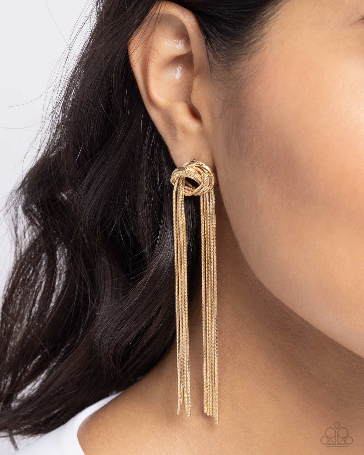 All STRANDS On Deck Gold Earrings - Paparazzi Accessories-on model - CarasShop.com - $5 Jewelry by Cara Jewels