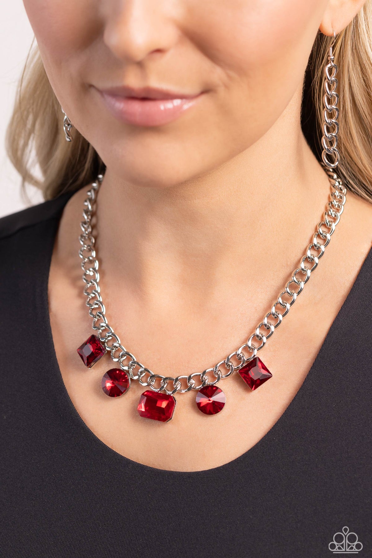 Alternating Audacity Red Rhinestone Necklace - Paparazzi Accessories-on model - CarasShop.com - $5 Jewelry by Cara Jewels