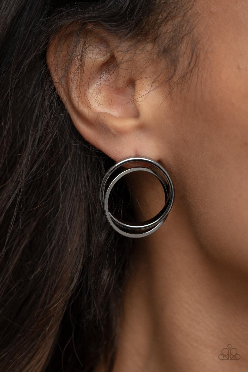 Always In The Loop Gunmetal Black Earrings - Paparazzi Accessories-on model - CarasShop.com - $5 Jewelry by Cara Jewels