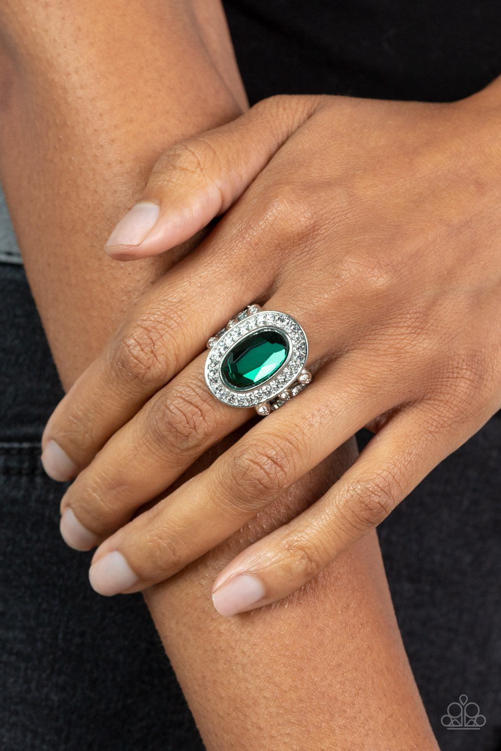 Always OVAL-achieving Green Rhinestone Ring - Paparazzi Accessories-on model - CarasShop.com - $5 Jewelry by Cara Jewels