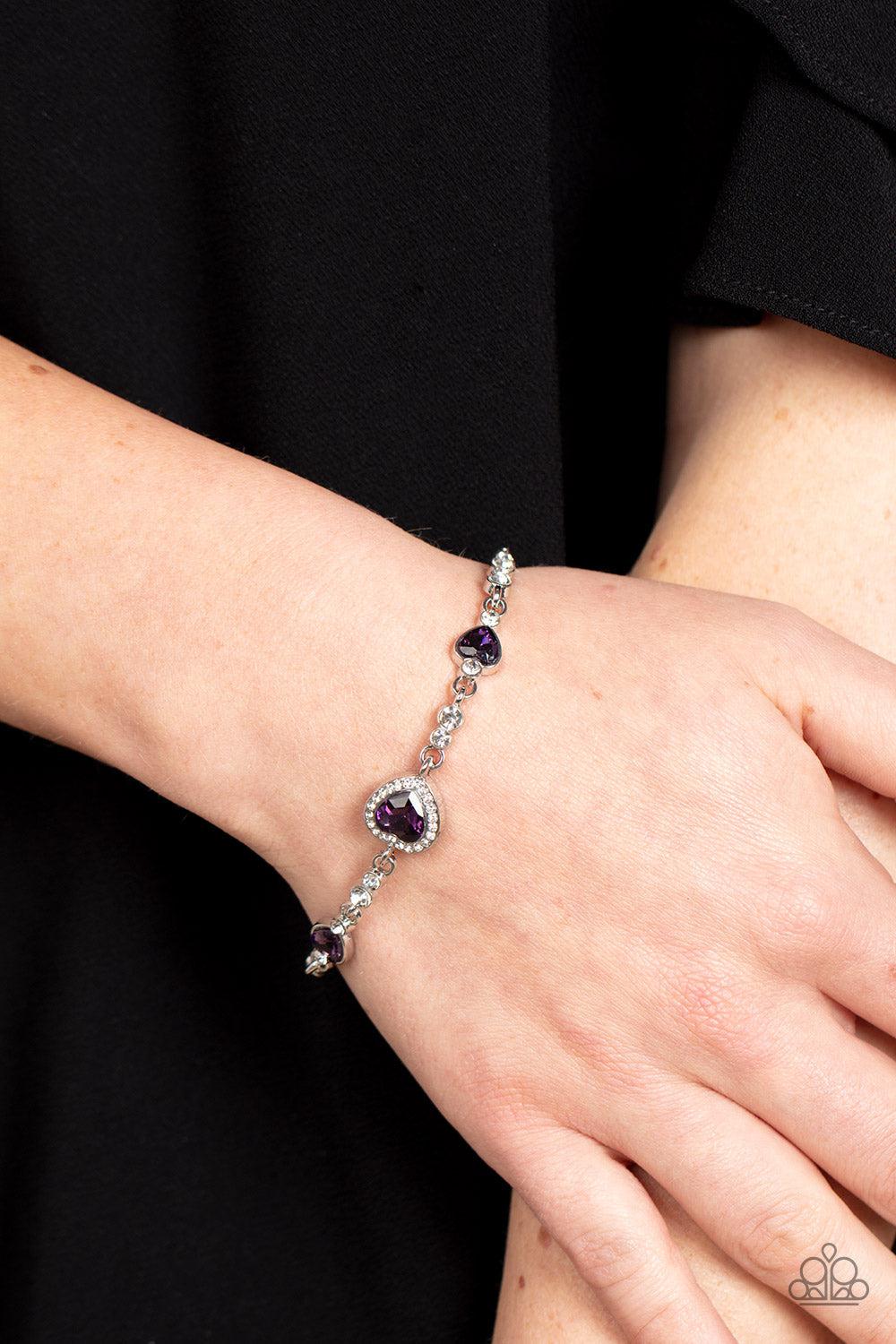 Amor Actually Purple Rhinestone Heart Bracelet - Paparazzi Accessories-on model - CarasShop.com - $5 Jewelry by Cara Jewels