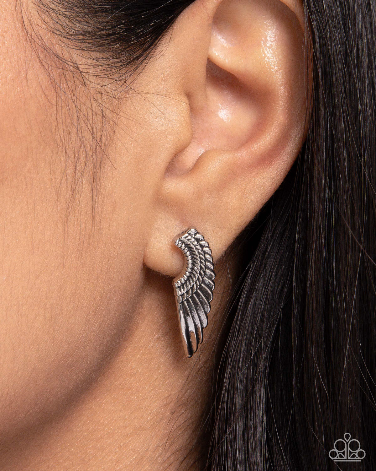 Angelic Altitude Silver Angel Wing Post Earrings - Paparazzi Accessories-on model - CarasShop.com - $5 Jewelry by Cara Jewels