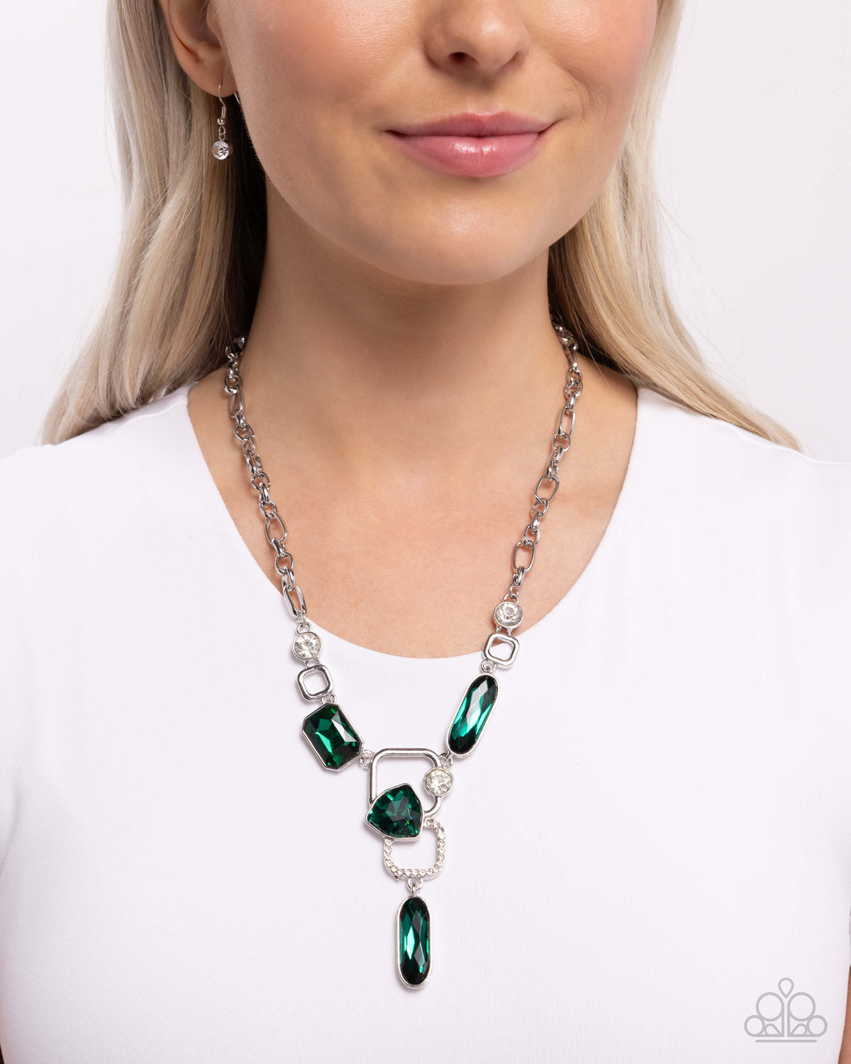 Artistic Elegance Green Rhinestone Necklace - Paparazzi Accessories-on model - CarasShop.com - $5 Jewelry by Cara Jewels