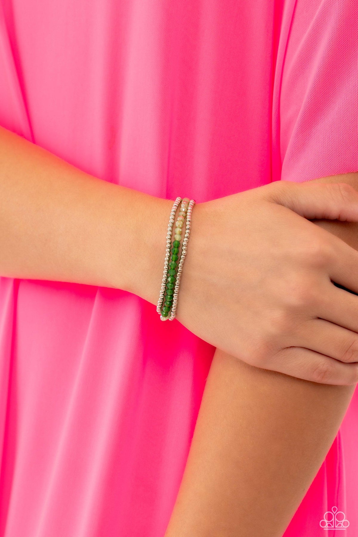 Backstage Beading Green Bracelet - Paparazzi Accessories-on model - CarasShop.com - $5 Jewelry by Cara Jewels