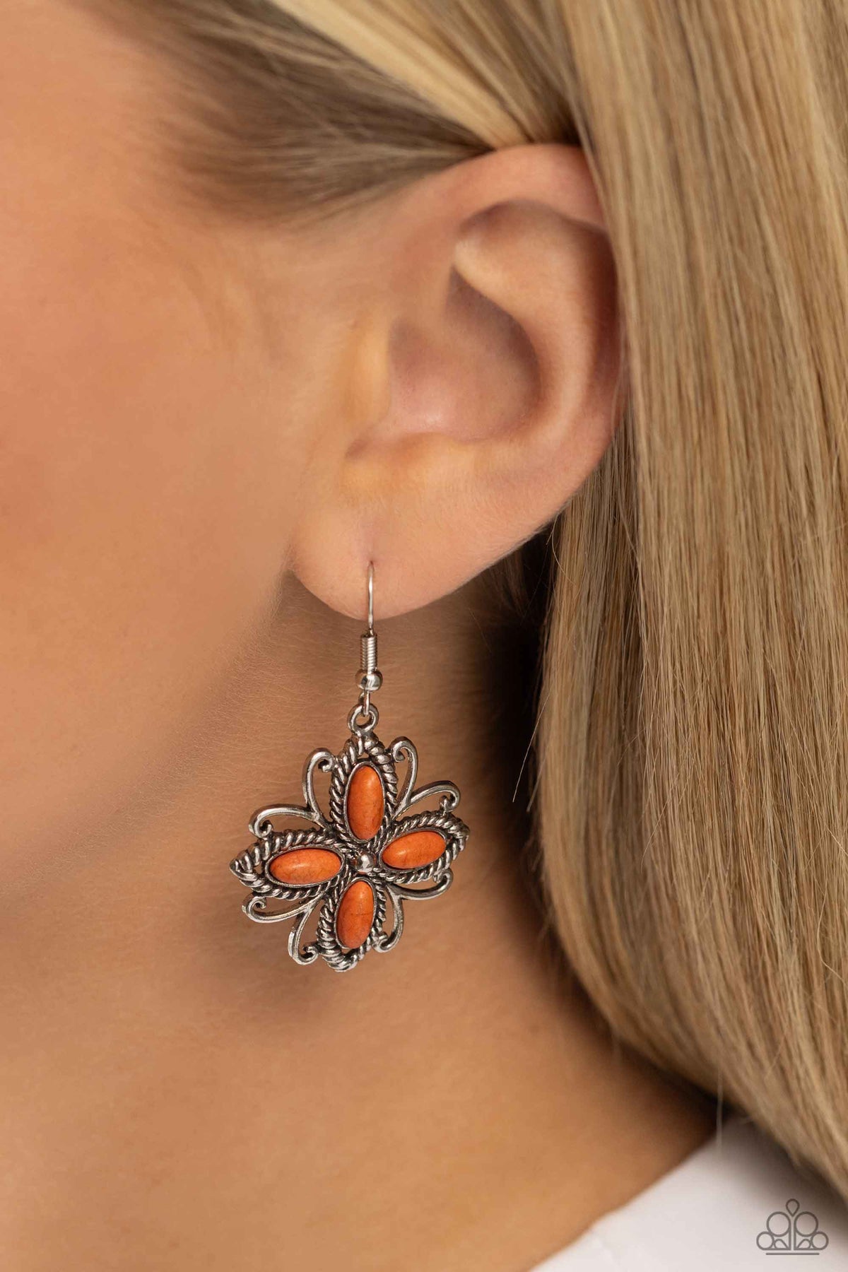 Badlands Ballad Orange Stone Floral Earrings - Paparazzi Accessories-on model - CarasShop.com - $5 Jewelry by Cara Jewels