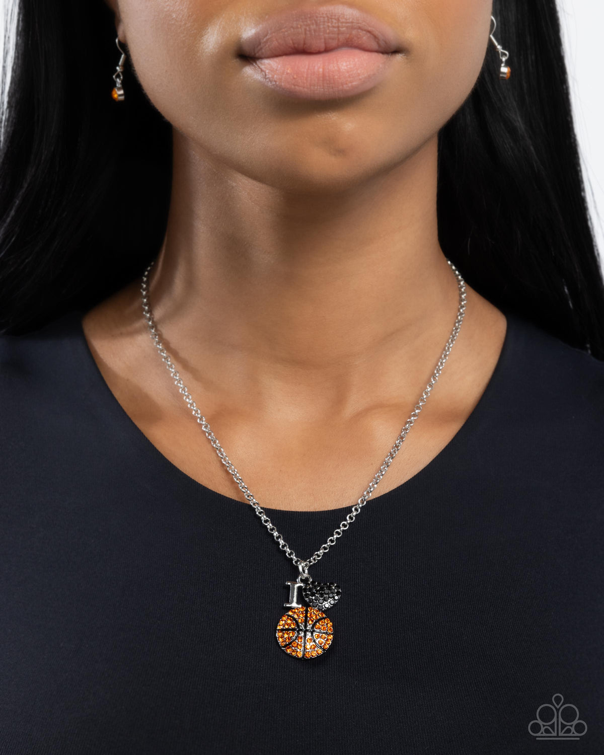 Basketball Balance Orange &amp; Black Rhinestone Necklace - Paparazzi Accessories-on model - CarasShop.com - $5 Jewelry by Cara Jewels