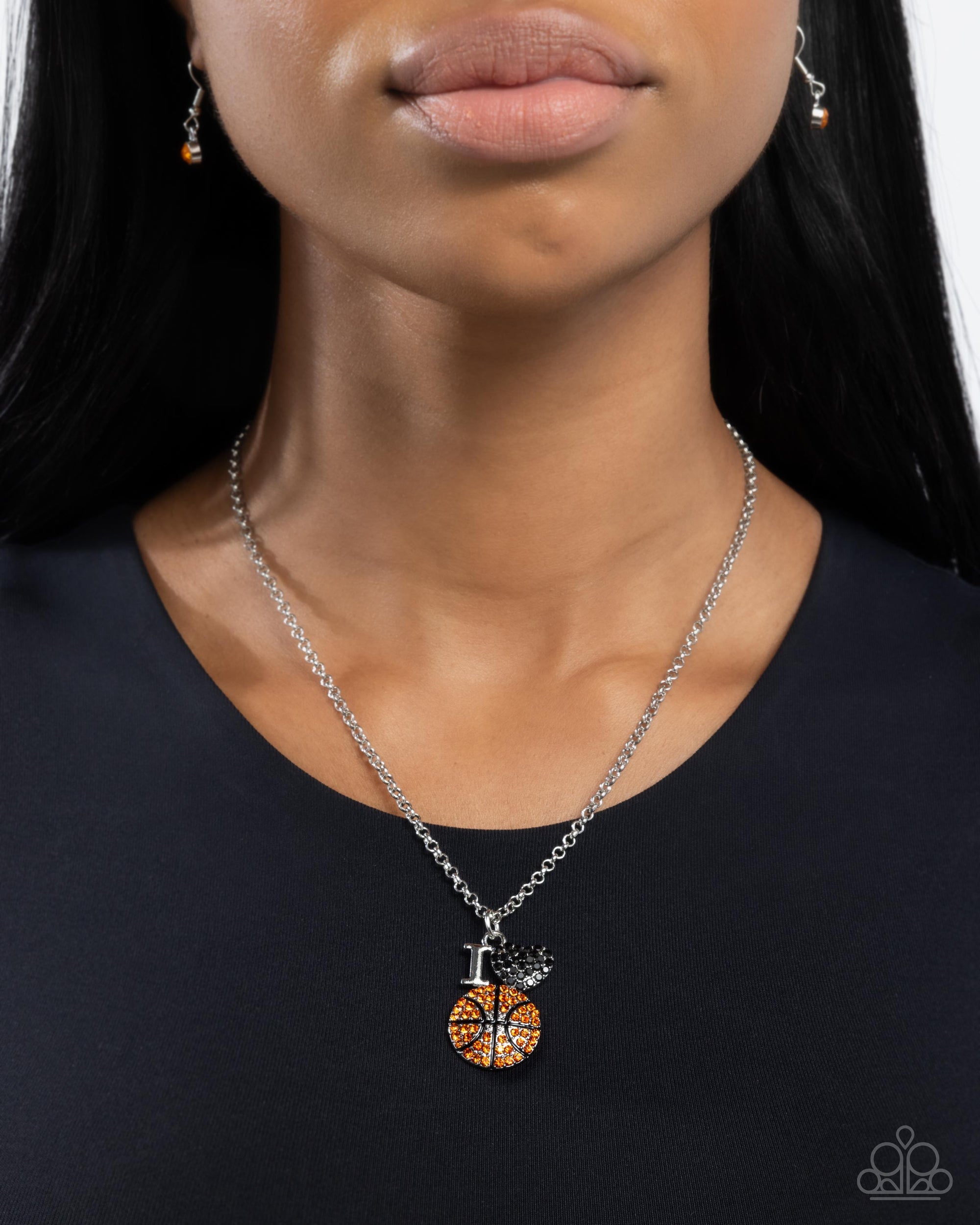 Basketball Balance Orange & Black Rhinestone Necklace - Paparazzi Accessories- lightbox - CarasShop.com - $5 Jewelry by Cara Jewels