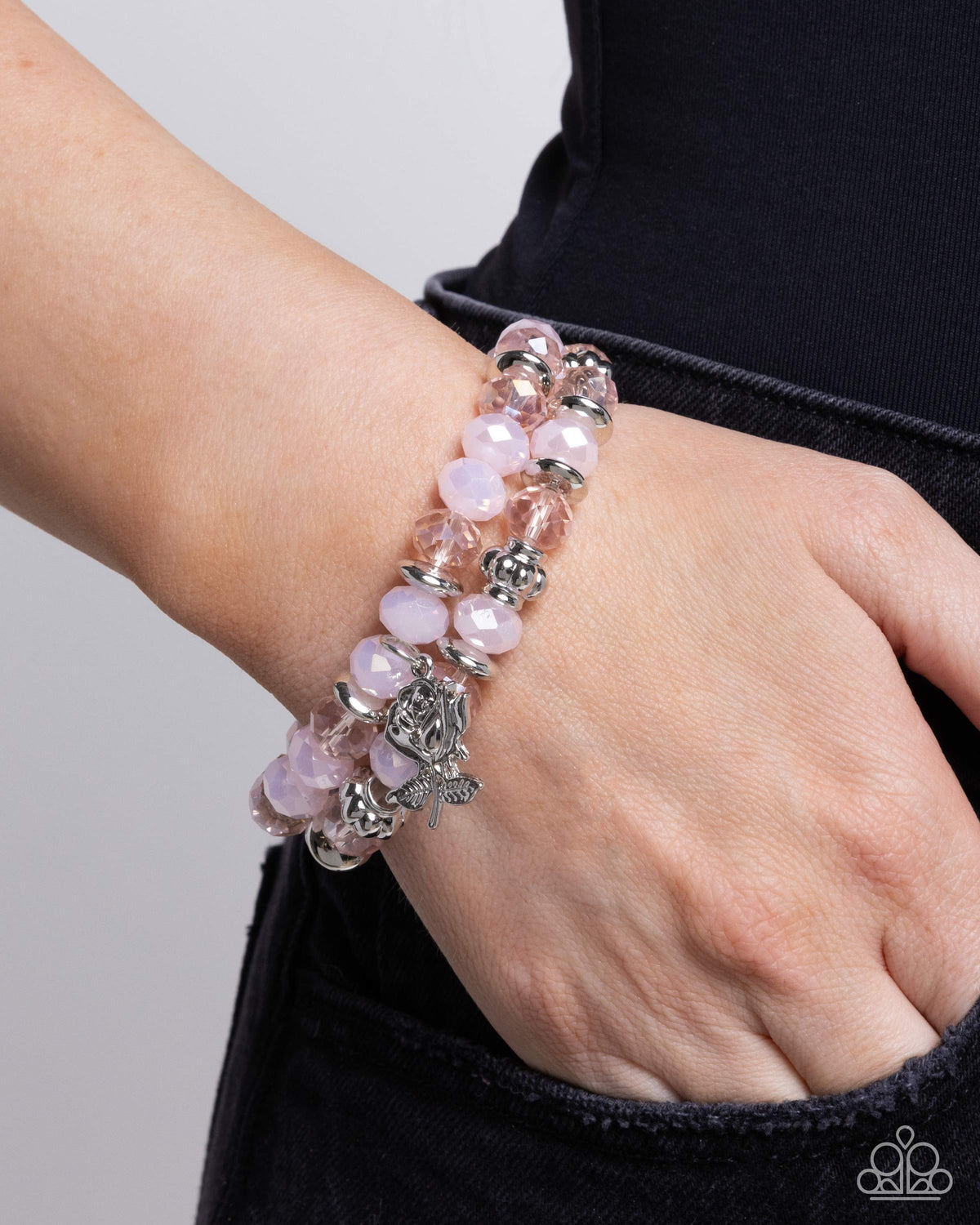 Beauty Contest Pink &amp; Silver Rose Bracelet Set - Paparazzi Accessories-on model - CarasShop.com - $5 Jewelry by Cara Jewels