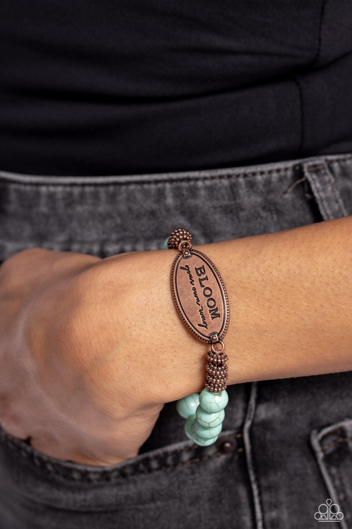 Bedouin Bloom Copper &amp; Turquoise Blue Stone Inspirational Bracelet - Paparazzi Accessories-on model - CarasShop.com - $5 Jewelry by Cara Jewels