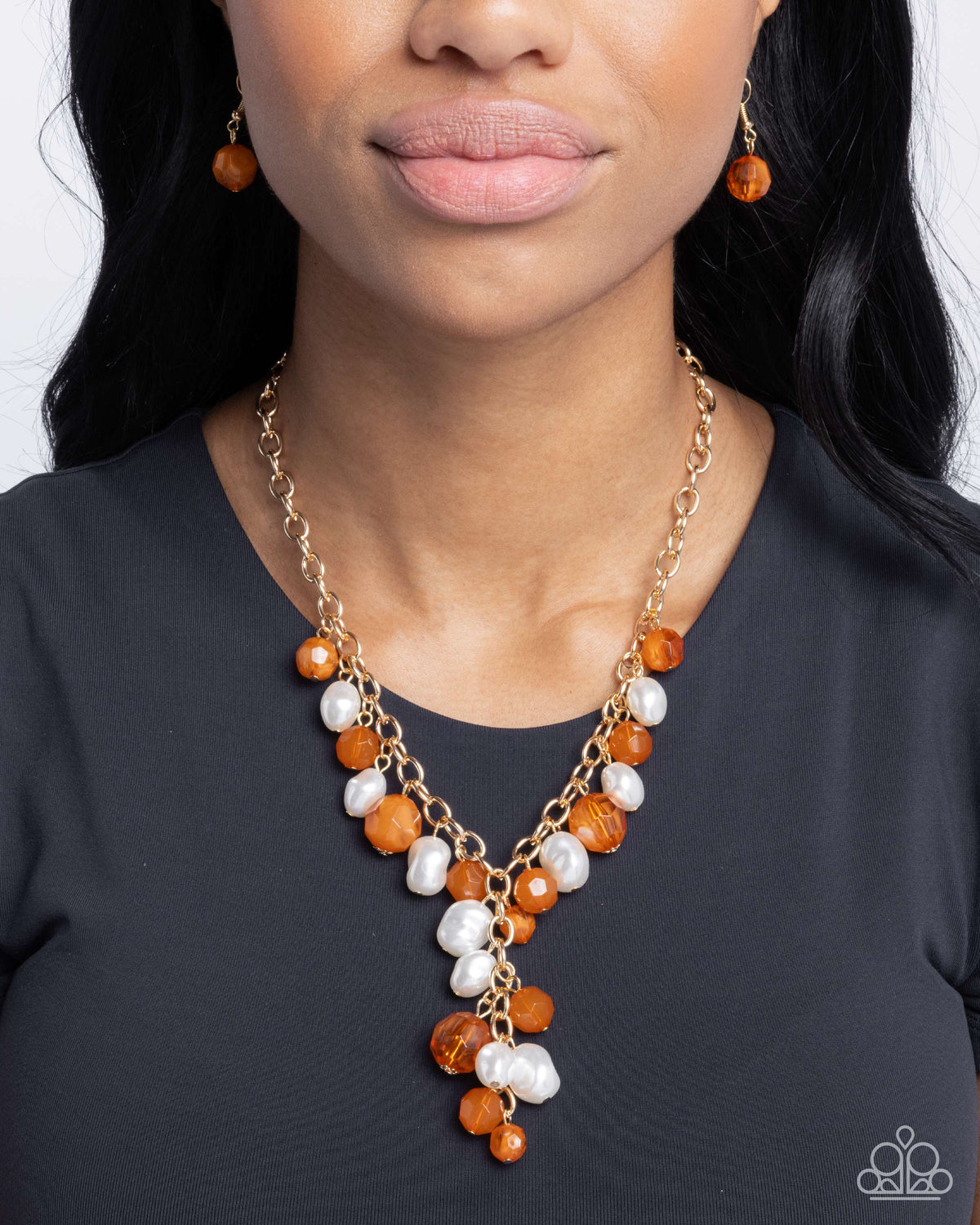 Beehive Barrage Orange &amp; White Pearl Necklace - Paparazzi Accessories-on model - CarasShop.com - $5 Jewelry by Cara Jewels