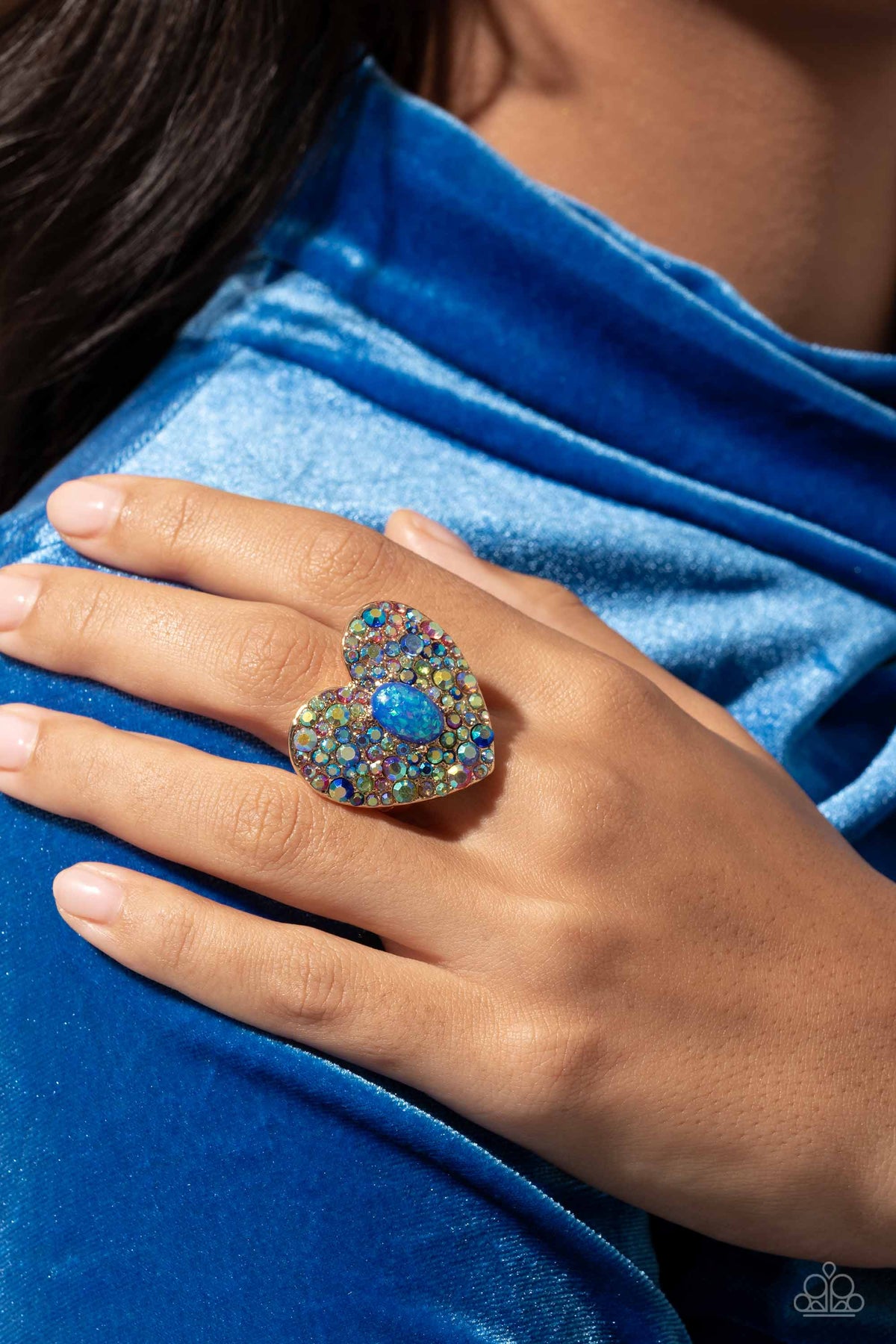 Bejeweled Beau Blue &amp; Iridescent Heart Ring - Paparazzi Accessories-on model - CarasShop.com - $5 Jewelry by Cara Jewels