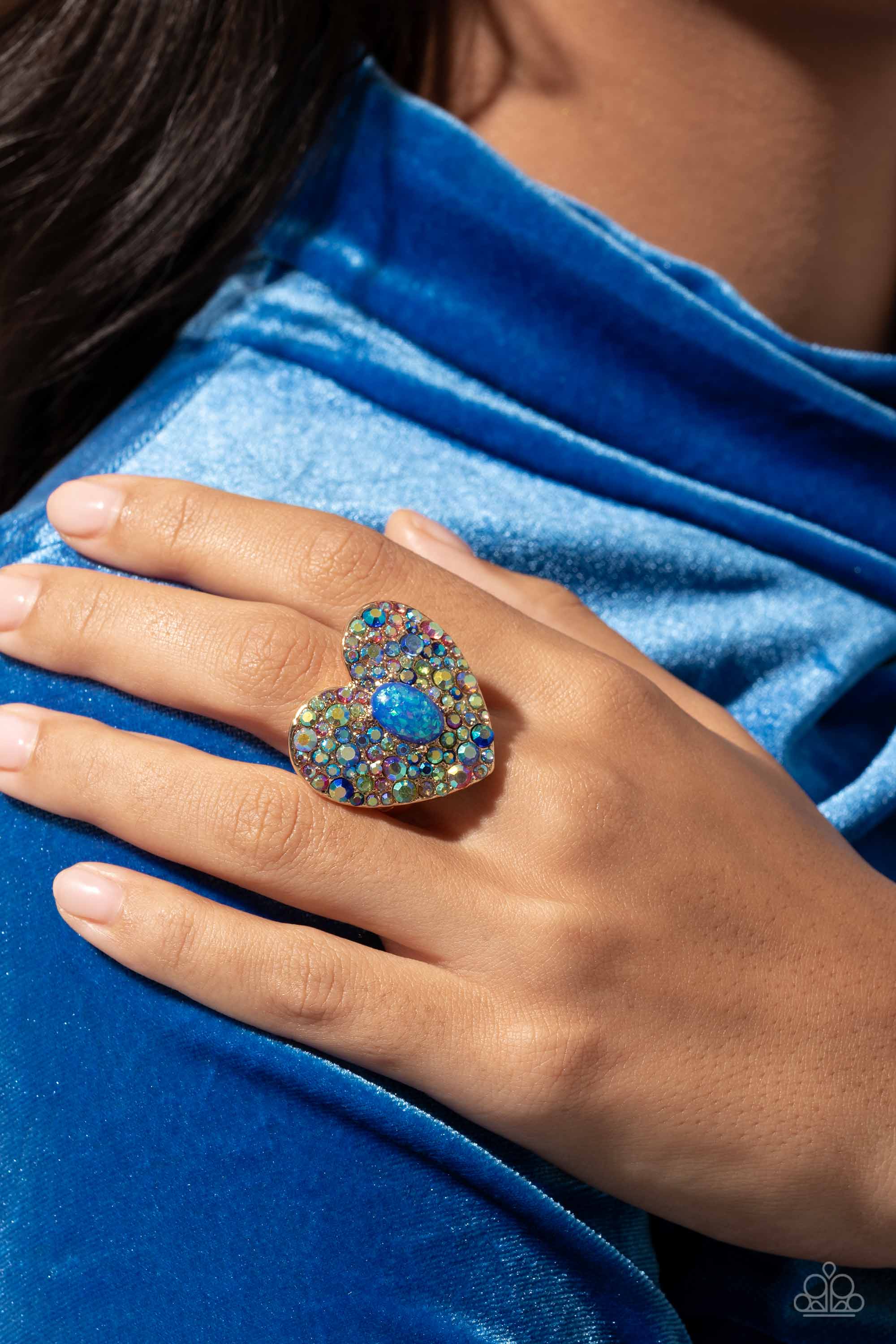 Bejeweled Beau Blue & Iridescent Heart Ring - Paparazzi Accessories- lightbox - CarasShop.com - $5 Jewelry by Cara Jewels