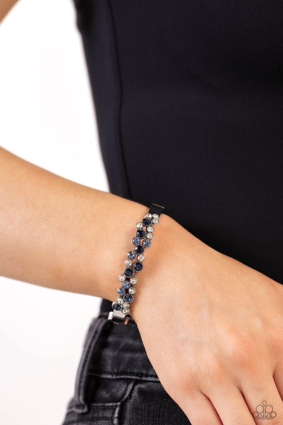 Big City Bling Blue Rhinestone Bracelet - Paparazzi Accessories-on model - CarasShop.com - $5 Jewelry by Cara Jewels