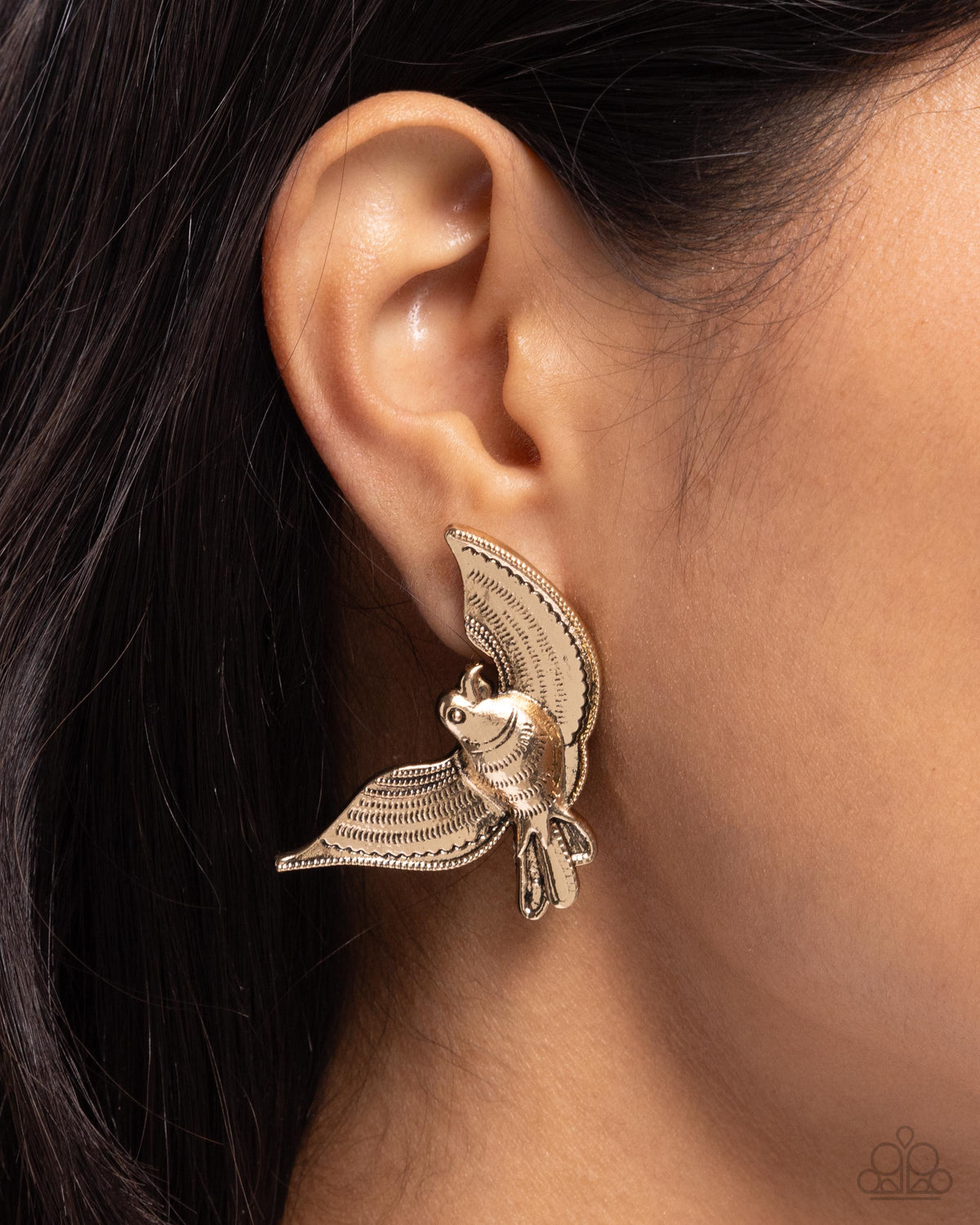 Bird of PLAY Antiqued Gold Post Earrings - Paparazzi Accessories-on model - CarasShop.com - $5 Jewelry by Cara Jewels