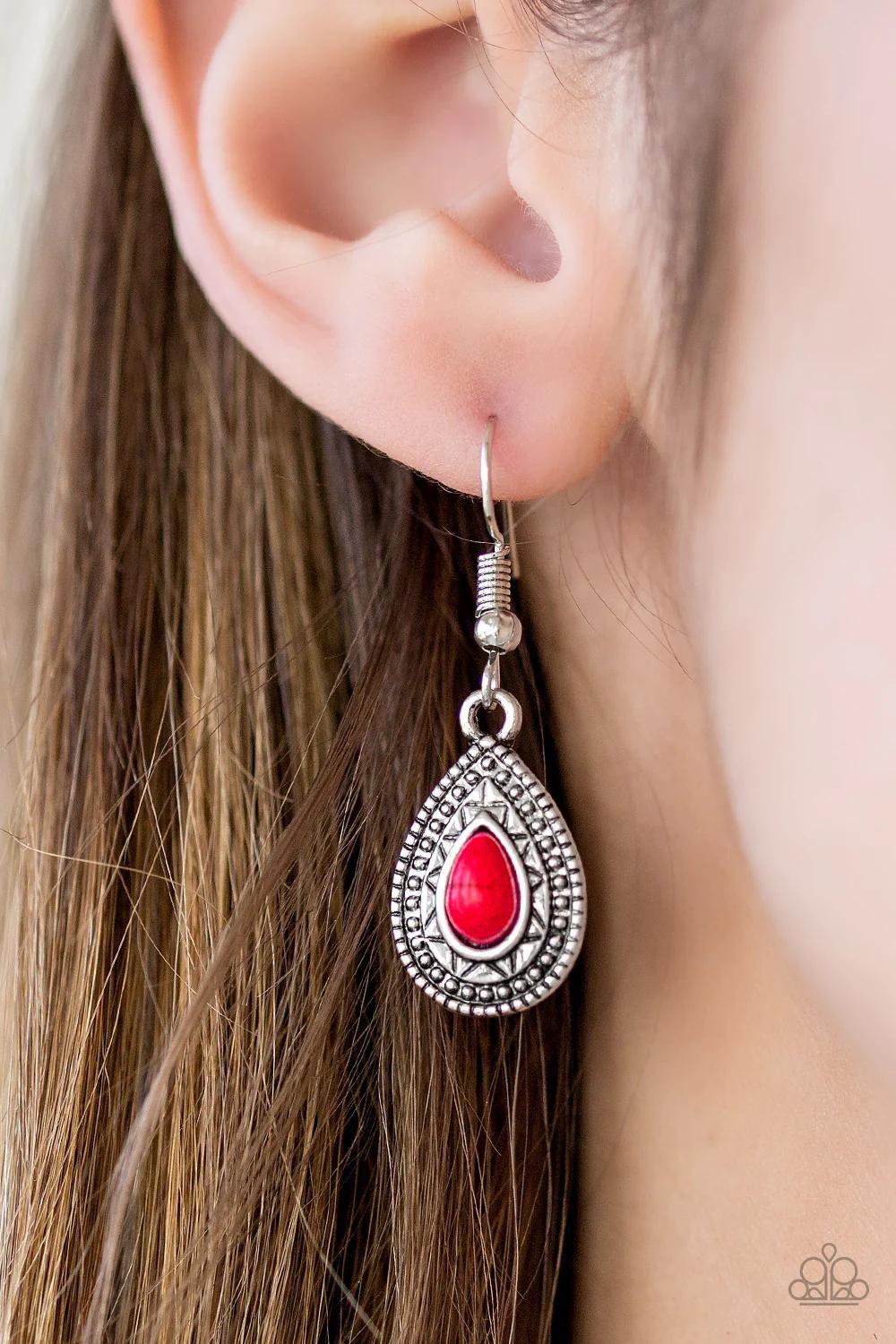 Blazing Beauty Red Stone Earrings - Paparazzi Accessories-on model - CarasShop.com - $5 Jewelry by Cara Jewels