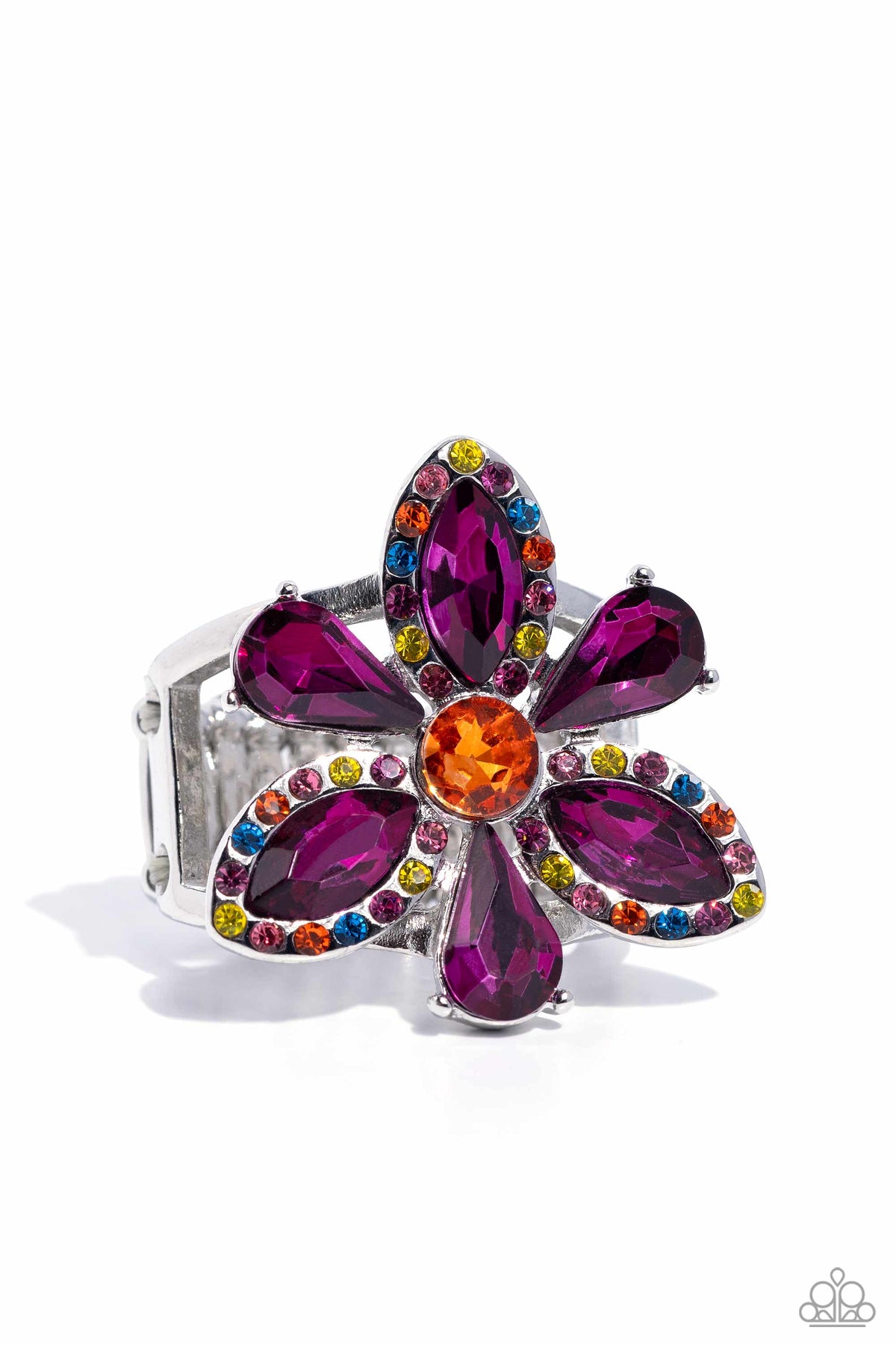 Blazing Blooms Multi &amp; Purple Rhinestone Floral Ring - Paparazzi Accessories- lightbox - CarasShop.com - $5 Jewelry by Cara Jewels