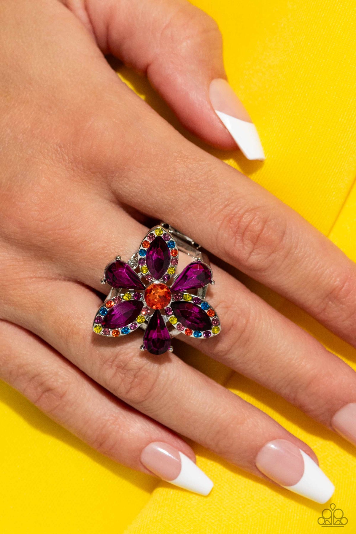 Blazing Blooms Multi &amp; Purple Rhinestone Floral Ring - Paparazzi Accessories-on model - CarasShop.com - $5 Jewelry by Cara Jewels
