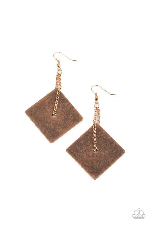 Block Party Posh Copper Earrings - Paparazzi Accessories- lightbox - CarasShop.com - $5 Jewelry by Cara Jewels