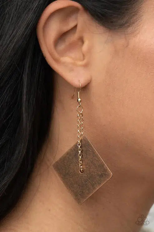 Block Party Posh Copper Earrings - Paparazzi Accessories-on model - CarasShop.com - $5 Jewelry by Cara Jewels
