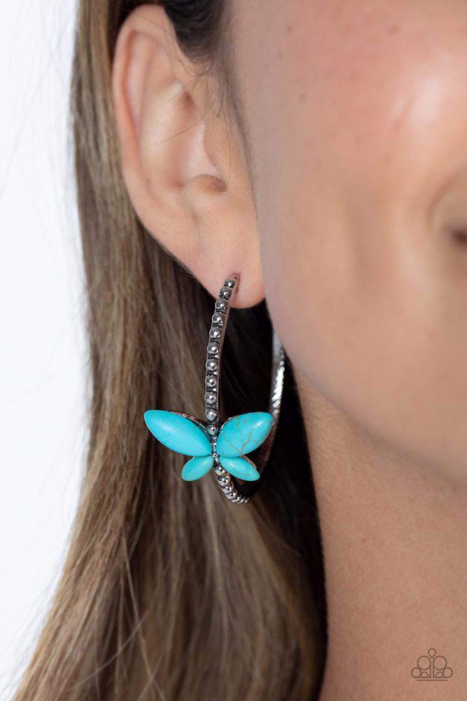 Bohemian Butterfly Blue Earrings - Paparazzi Accessories- on model - CarasShop.com - $5 Jewelry by Cara Jewels