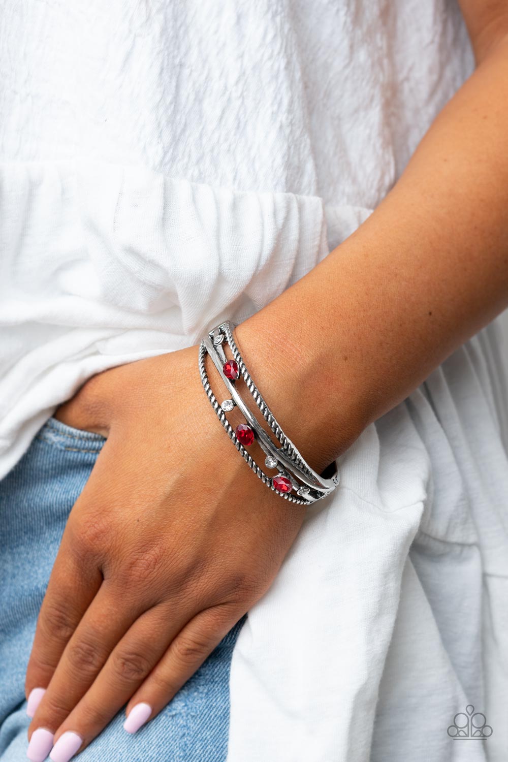 Bonus Bling Red Rhinestone Bracelet - Paparazzi Accessories-on model - CarasShop.com - $5 Jewelry by Cara Jewels