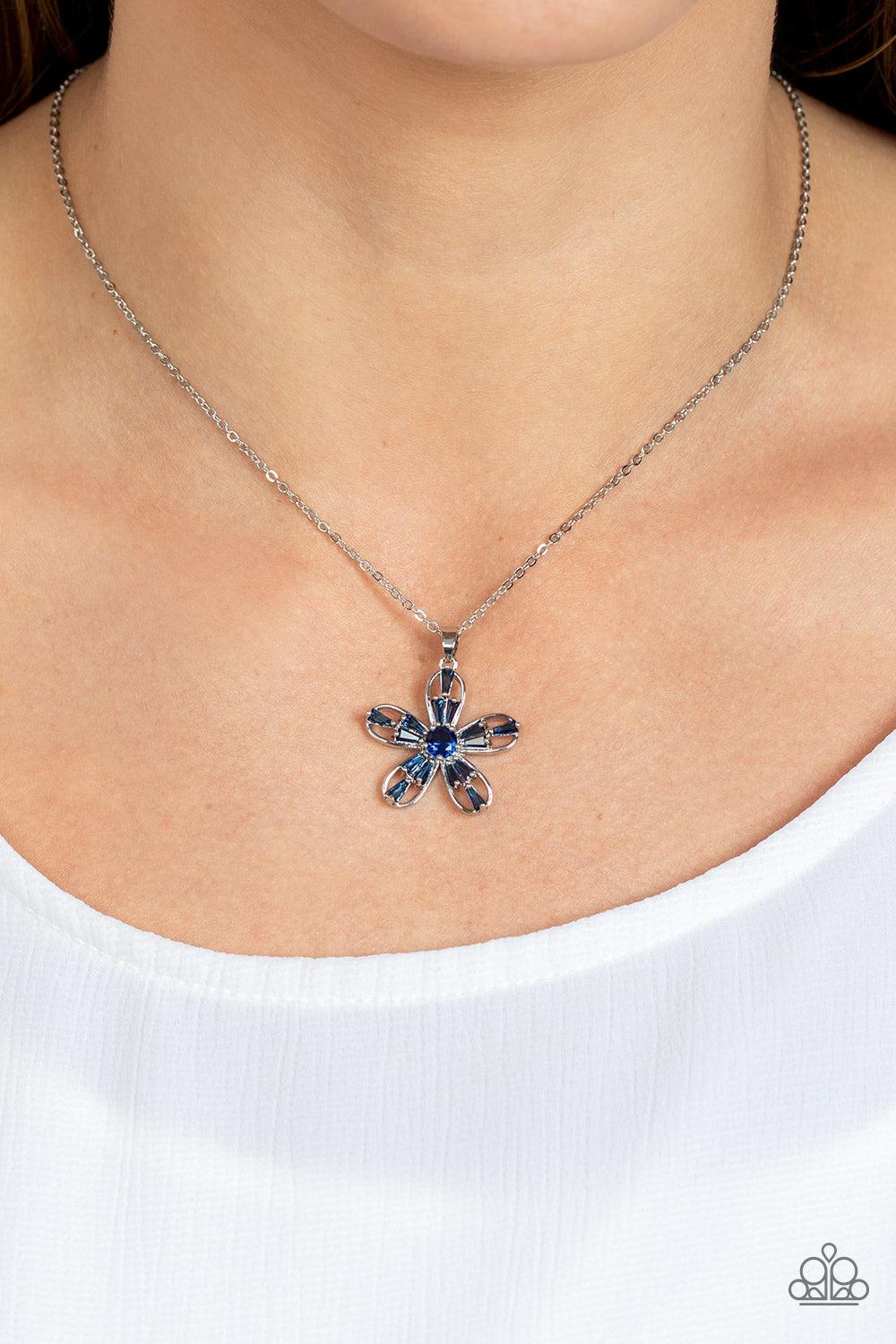 Botanical Ballad Blue Rhinestone Flower Necklace - Paparazzi Accessories-on model - CarasShop.com - $5 Jewelry by Cara Jewels