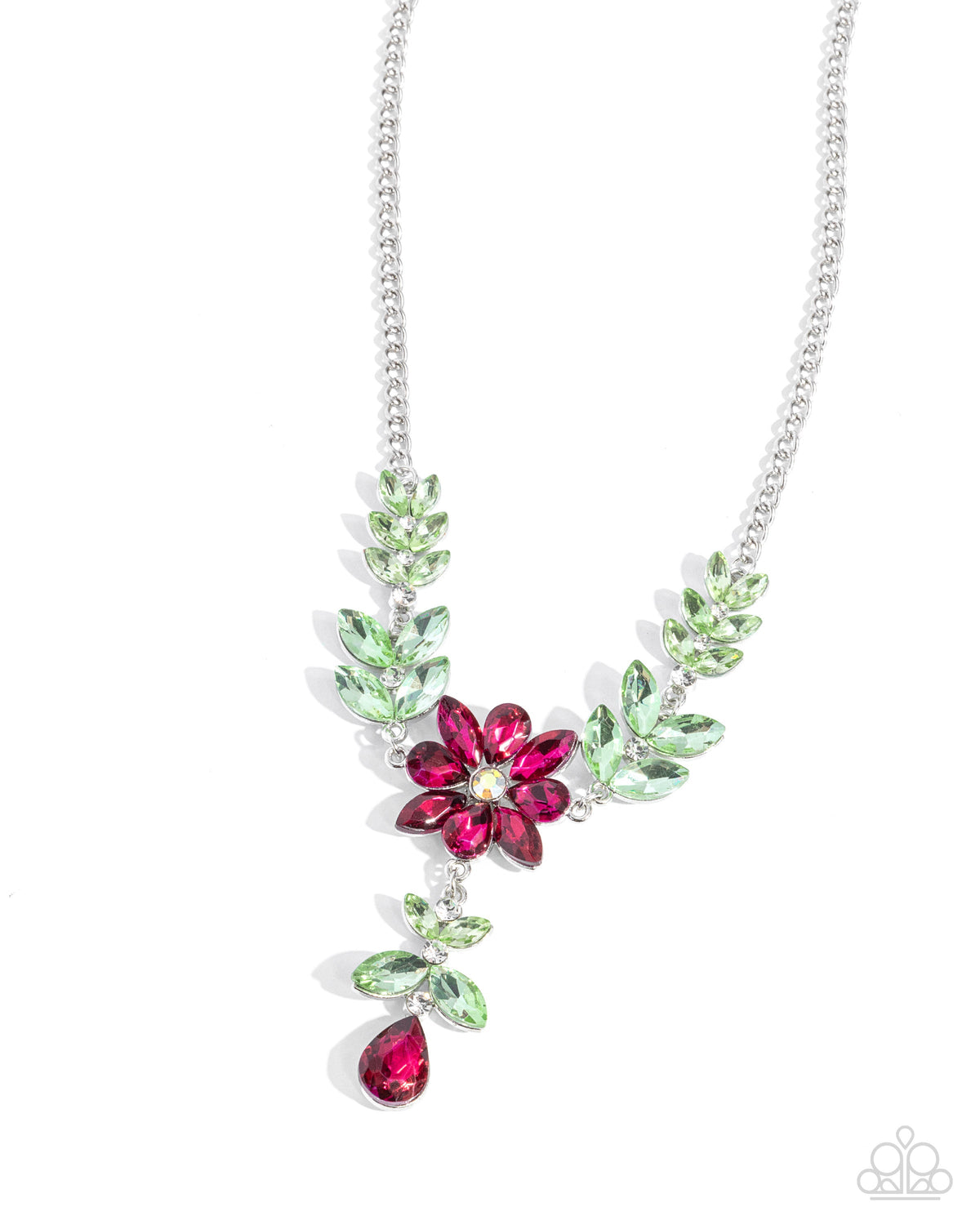 Bouquet Backdrop Pink &amp; Green Rhinestone Floral Necklace - Paparazzi Accessories- lightbox - CarasShop.com - $5 Jewelry by Cara Jewels