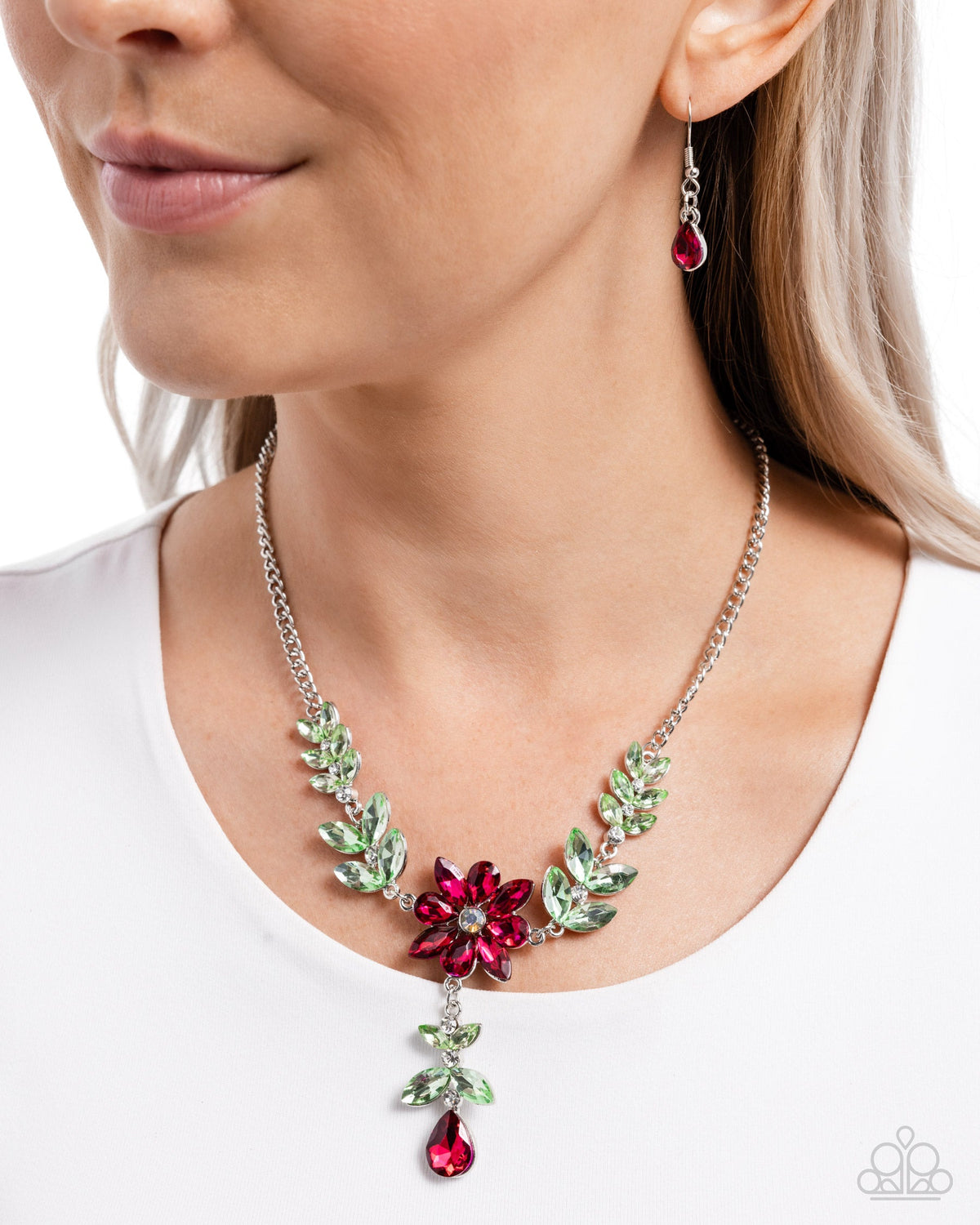 Bouquet Backdrop Pink &amp; Green Rhinestone Floral Necklace - Paparazzi Accessories-on model - CarasShop.com - $5 Jewelry by Cara Jewels