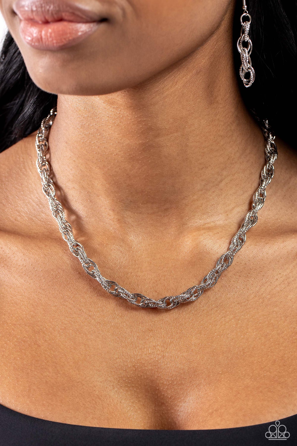 Braided Ballad Silver Chain Necklace - Paparazzi Accessories-on model - CarasShop.com - $5 Jewelry by Cara Jewels