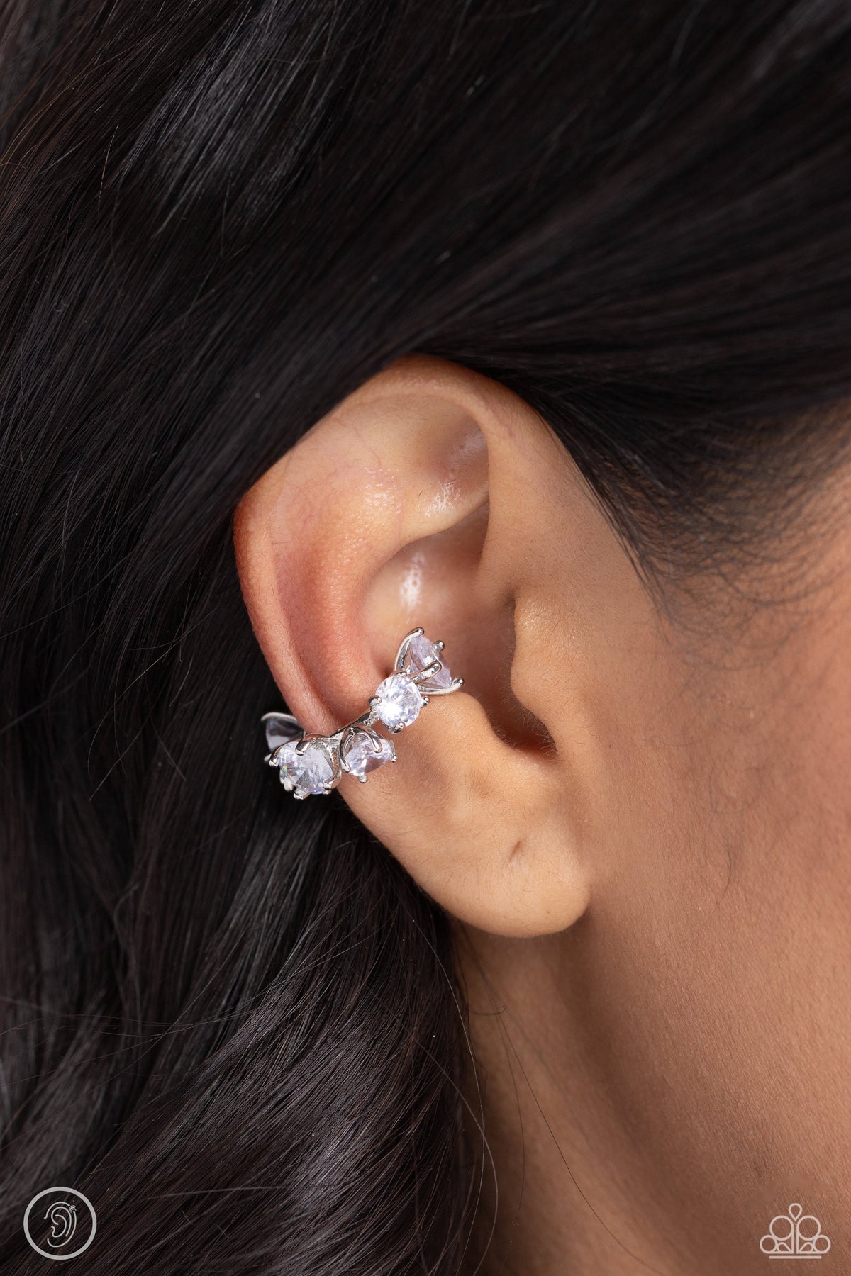 Breathtaking Blend White Rhinestone Cuff Earrings - Paparazzi Accessories-on model - CarasShop.com - $5 Jewelry by Cara Jewels