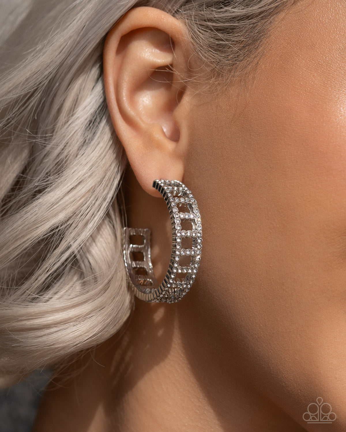 Bridging Brilliance White Rhinestone Hoop Earrings - Paparazzi Accessories-on model - CarasShop.com - $5 Jewelry by Cara Jewels