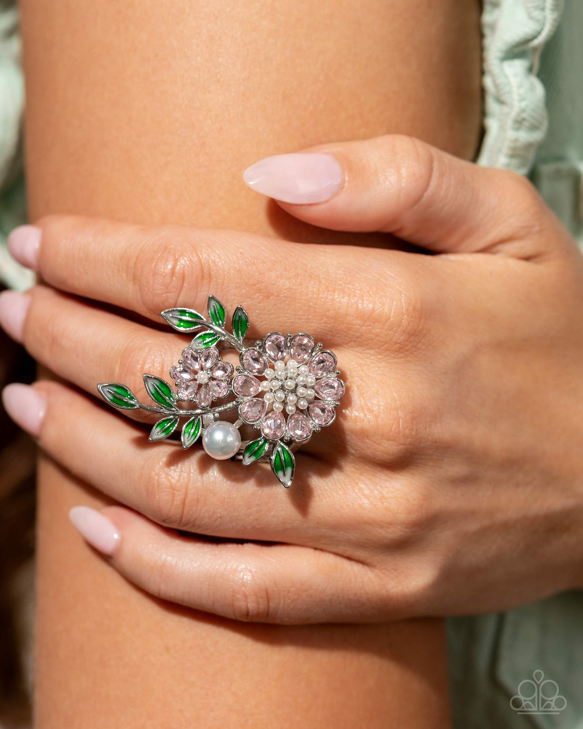 Budding Bling Pink Rhinestone Floral Ring - Paparazzi Accessories-on model - CarasShop.com - $5 Jewelry by Cara Jewels