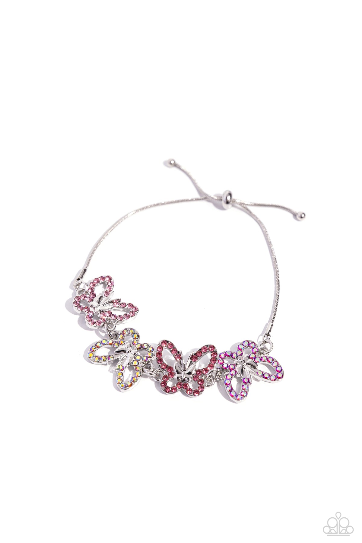 Butterfly Belonging Pink &amp; Iridescent Rhinestone Bracelet - Paparazzi Accessories- lightbox - CarasShop.com - $5 Jewelry by Cara Jewels