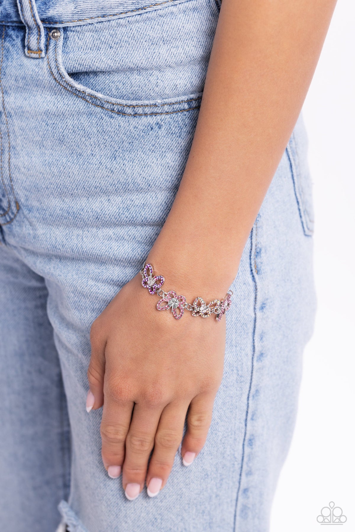 Butterfly Belonging Pink &amp; Iridescent Rhinestone Bracelet - Paparazzi Accessories-on model - CarasShop.com - $5 Jewelry by Cara Jewels