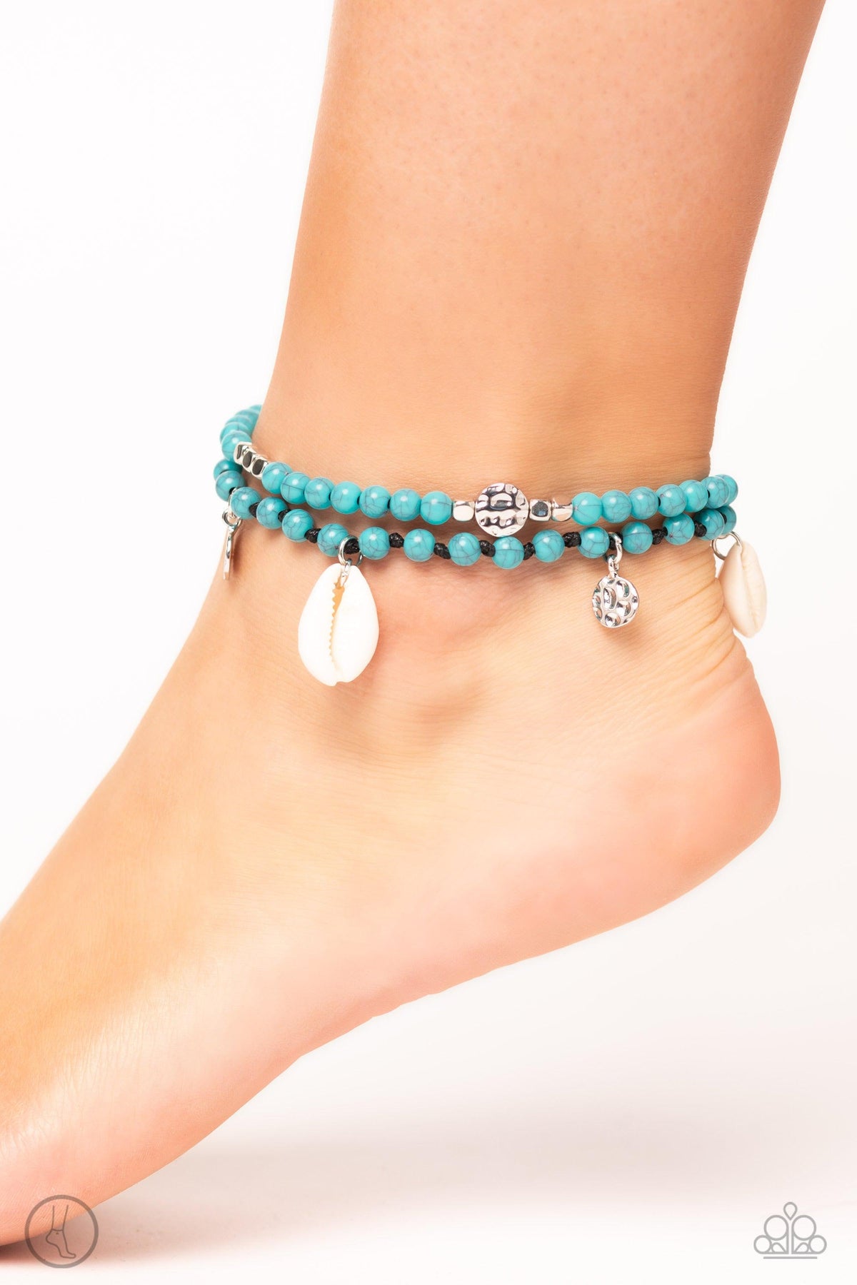 Buy and SHELL Turquoise Blue Stone &amp; Shell Anklet - Paparazzi Accessories-on model - CarasShop.com - $5 Jewelry by Cara Jewels