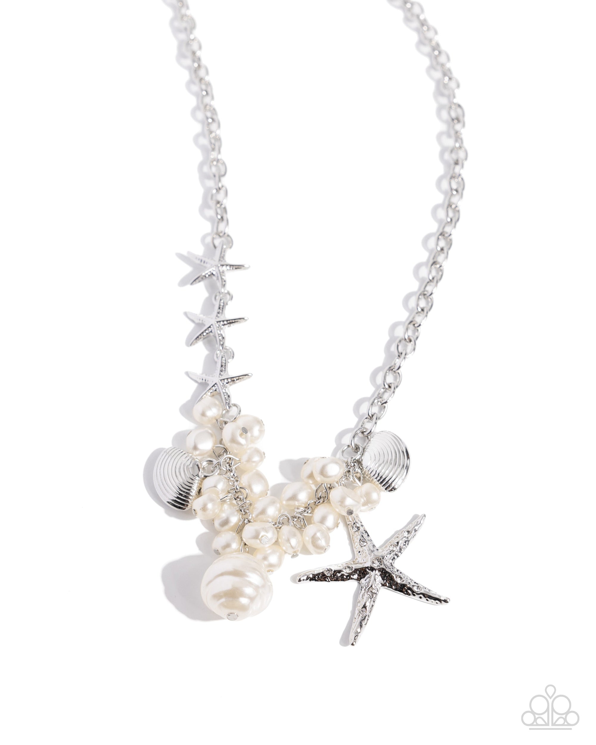 Cabo Coast White Pearl, Shell & Starfish Necklace - Paparazzi Accessories- lightbox - CarasShop.com - $5 Jewelry by Cara Jewels