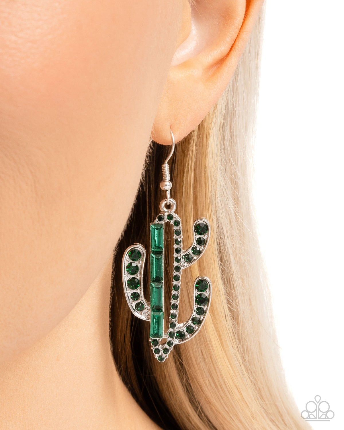 Cactus Confidence Green Rhinestone Earrings - Paparazzi Accessories-on model - CarasShop.com - $5 Jewelry by Cara Jewels