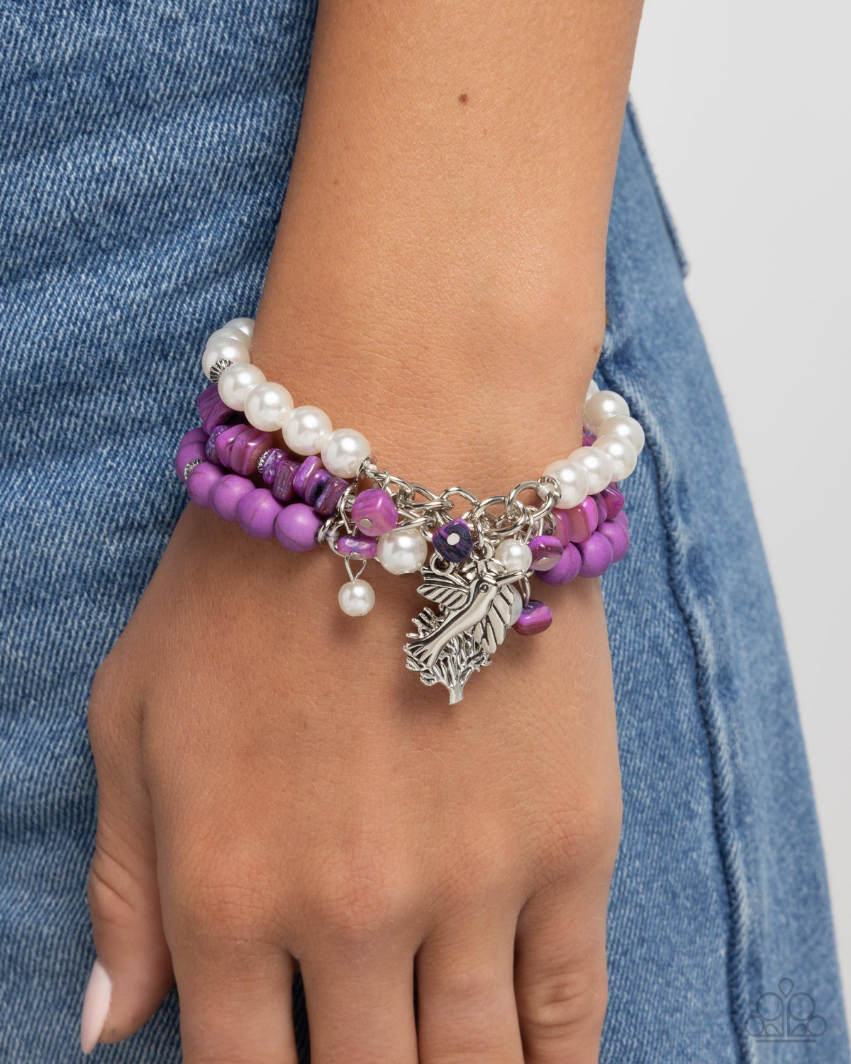 Canyonland Color Purple Stone &amp; White Pearl Bracelet - Paparazzi Accessories-on model - CarasShop.com - $5 Jewelry by Cara Jewels