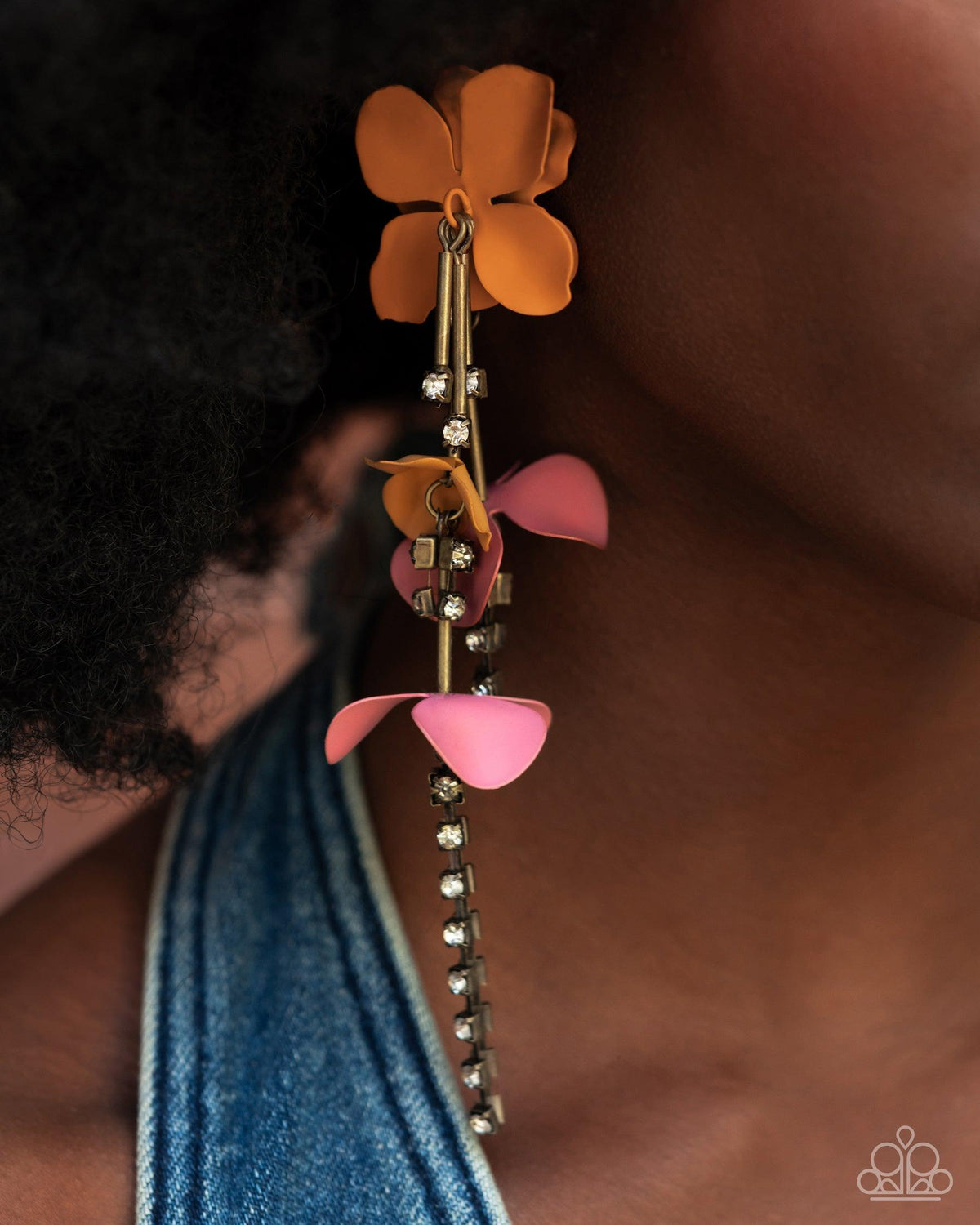 Capitol Chic Multi Orange &amp; Brass Flower Earrings - Paparazzi Accessories-on model - CarasShop.com - $5 Jewelry by Cara Jewels