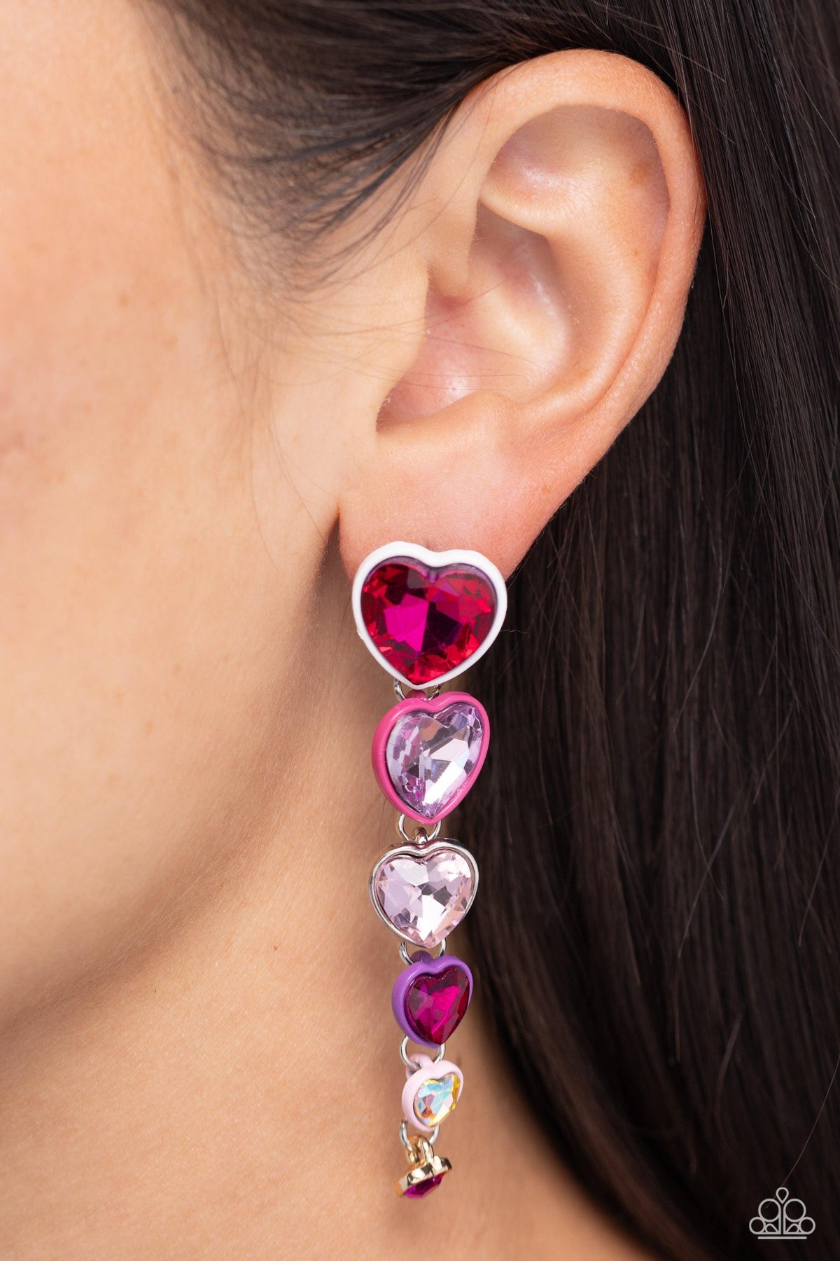 Cascading Casanova Multi Red, Pink &amp; Purple Heart Earrings - Paparazzi Accessories-on model - CarasShop.com - $5 Jewelry by Cara Jewels